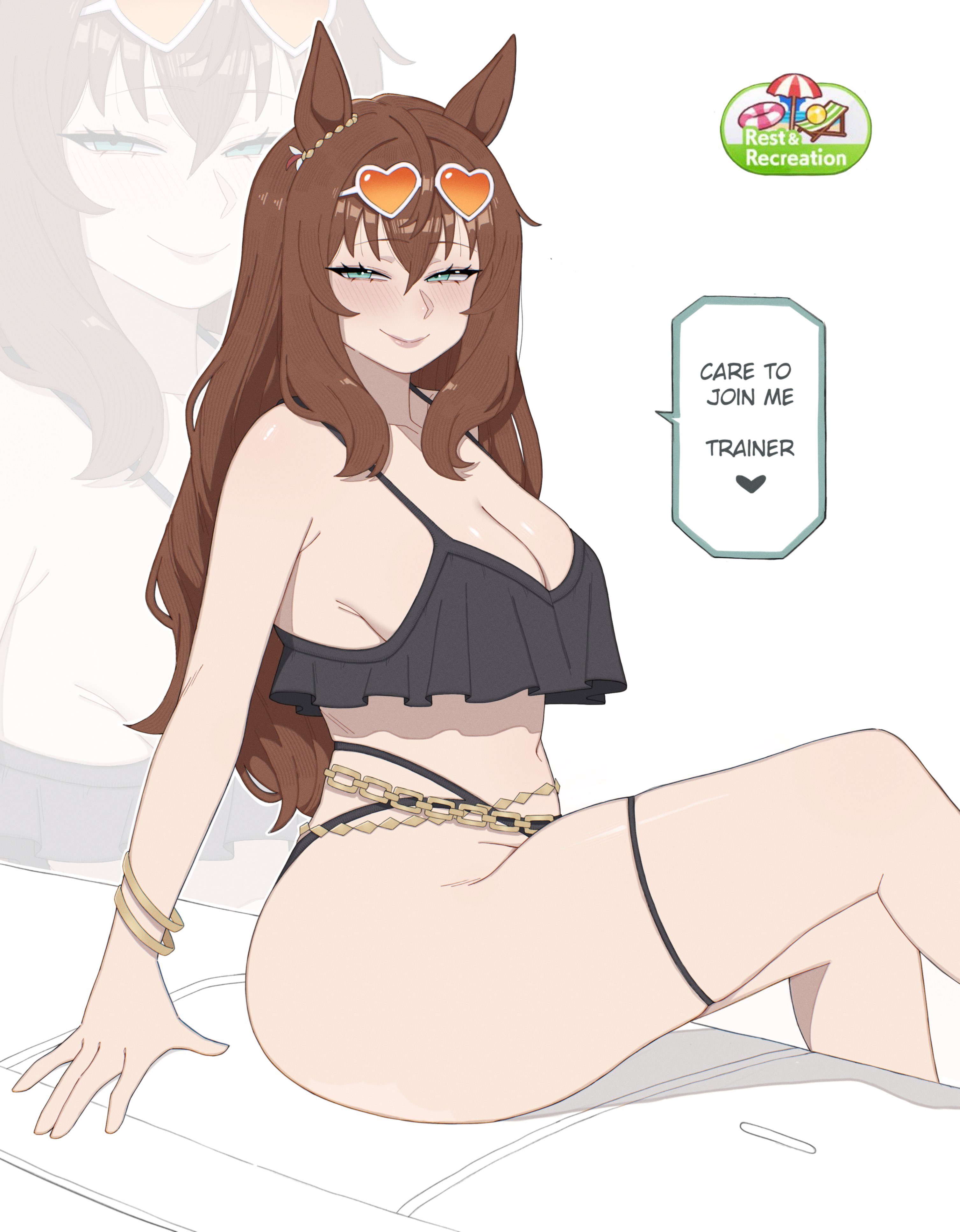 1girl, 1girls, absurdres, animal ears, aqua eyes, arm support, bikini, black bikini, bracelet, breasts, brown hair, chain, cleavage, closed mouth, commentary, english commentary, eyewear on head, gold bracelet, gold chain, hair between eyes, heart, heart-shaped eyewear, highres, horse ears, horse girl, jewelry, large breasts, long hair, looking at viewer, maruzensky (hot summer night) (umamusume), maruzensky (umamusume), official alternate costume, sakuzoart, sideboob, sitting, sketch background, smile, speech bubble, squinting, swimsuit, thick thighs, thigh strap, thighs, umamusume, white-framed eyewear, zoom layer