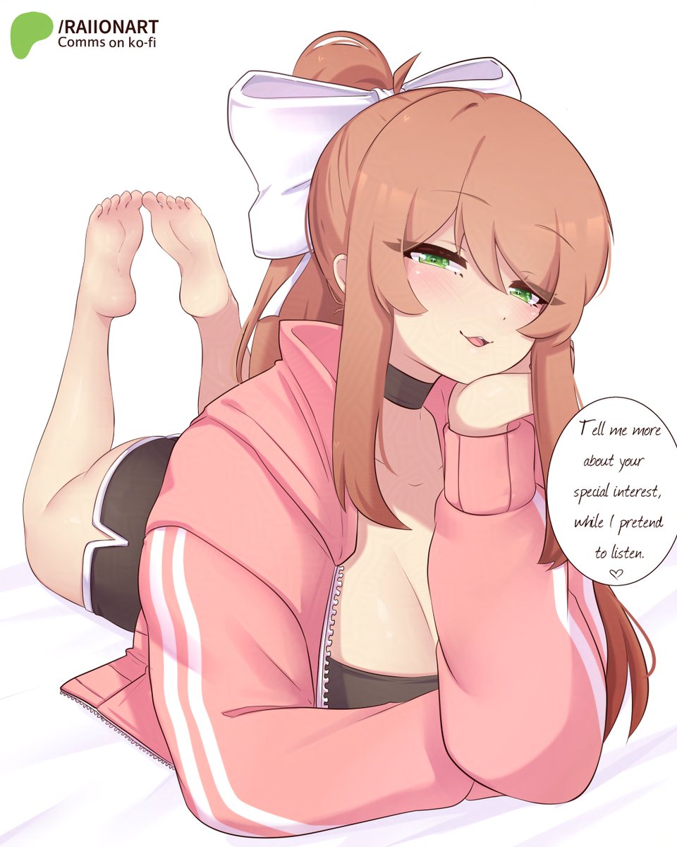 1girls, big breasts, black shorts, black topwear, boobs, booty shorts, bow, breasts, brown hair, busty, cleavage, coral brown hair, doki doki literature club, feet, feet up, girlfriend, green eyes, large breasts, legs, long hair, loving look, manipulation, monika (doki doki literature club), pink jacket, ponytail, raionart, smile, supportive partner, the pose, wholesome