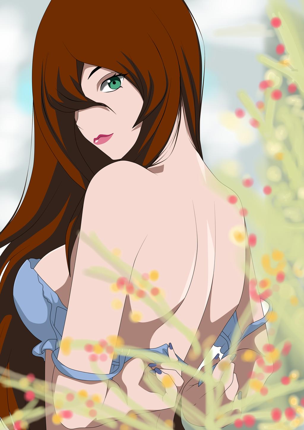 1girls, bare shoulders, bra, breasts, brown hair, female, female only, flowers, grass, green eyes, hair over one eye, lipstick, long hair, looking at viewer, looking back, makeup, mei terumi, naruto, naruto (series), naruto shippuden, pink lips, smile, uliyalsa, undressing, untied, untied bra, upper body