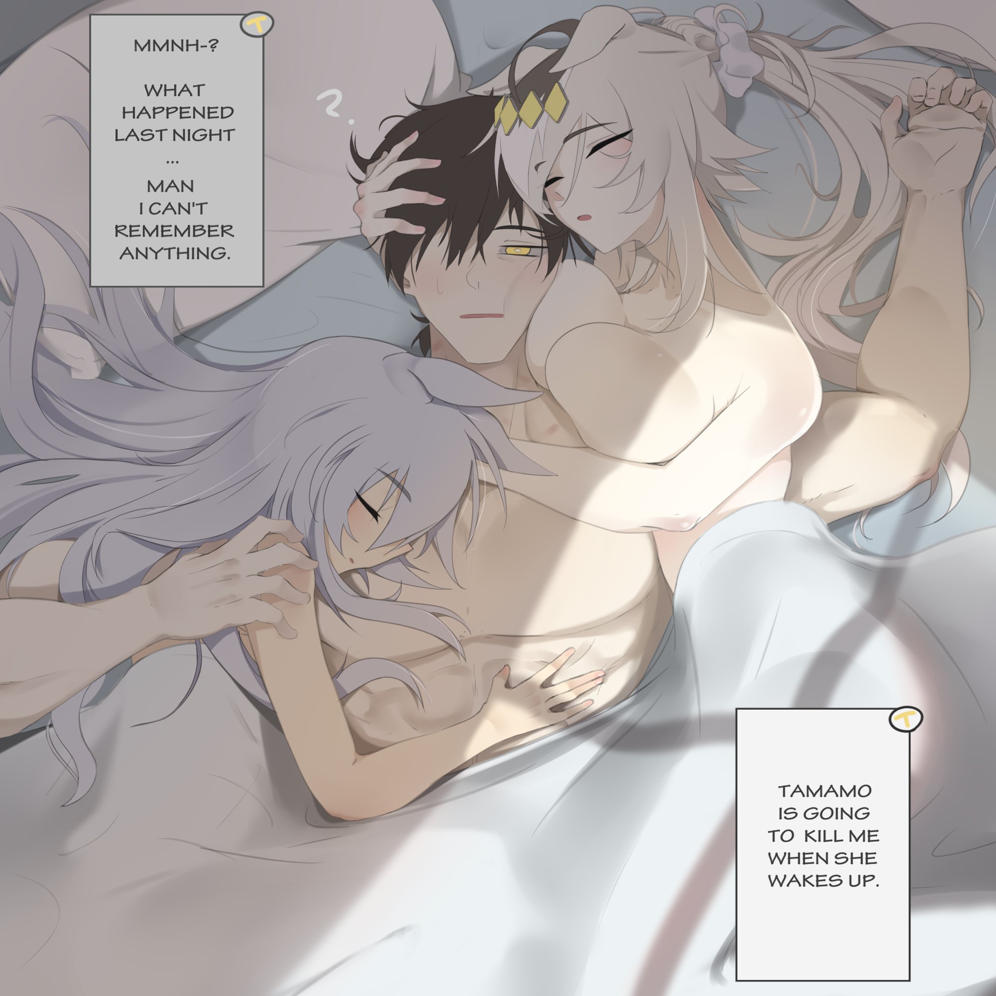 1boy, 2girls, after sex, ahoge, animal ears, blush, breast smother, breasts, brown hair, closed mouth, commentary, doli palta, doll dol1, english commentary, face to breasts, ffm threesome, girl sandwich, grey hair, hair between eyes, hair ornament, hairband, highres, horse ears, horse girl, hug, implied after sex, large breasts, long hair, multicolored hair, multicolored hairband, multiple girls, oguri cap (umamusume), open mouth, ponytail, sandwiched, scrunchie, short hair, sleeping, sleeping on person, surrounded, tamamo cross (umamusume), threesome, trainer (umamusume), two-tone hairband, umamusume, white hair, white scrunchie, yellow eyes