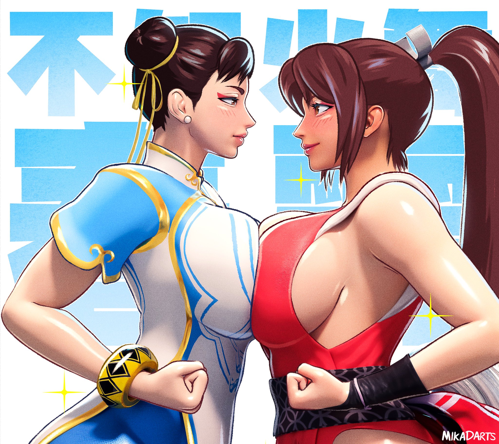 2girls, 3d, absurd res, big breasts, breast contest, chun-li, fatal fury, mai shiranui, mikadawn, sideboob, street fighter, street fighter 6