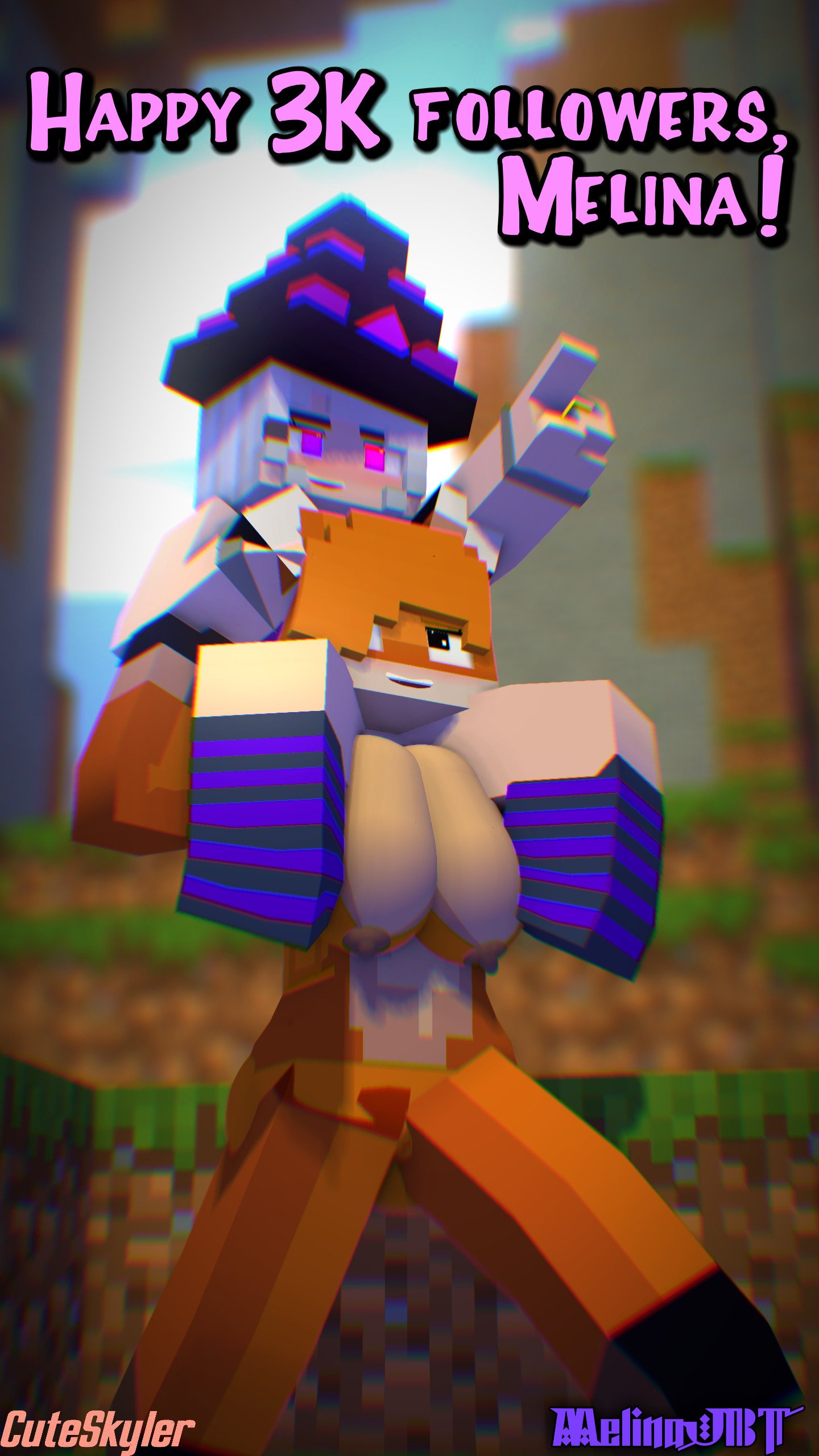 2girls 3d anthro big_breasts character cuteskyler fox fox_(minecraft) fox_girl foxy_(cuteskyler) horny_female human melanie_thompson_(melinajbt) melinajbt mine-imator minecraft orange_body original_character purple_eyes tagme witch_hat