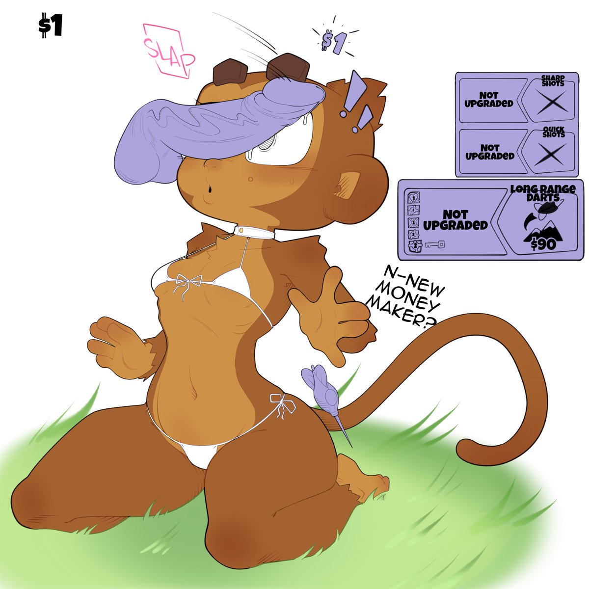 1boy, 1girls, 2025, 2d, anthro, bikini, bloons tower defense, blush, blushing, blushing female, brown body, cock, dart monkey, dick, disembodied penis, english text, female, furry, furry female, furry only, male, monkey, monkey girl, monkey tail, on knees, penis, penis on face, swimsuit, swimwear, tail, text, vixycore, white bikini