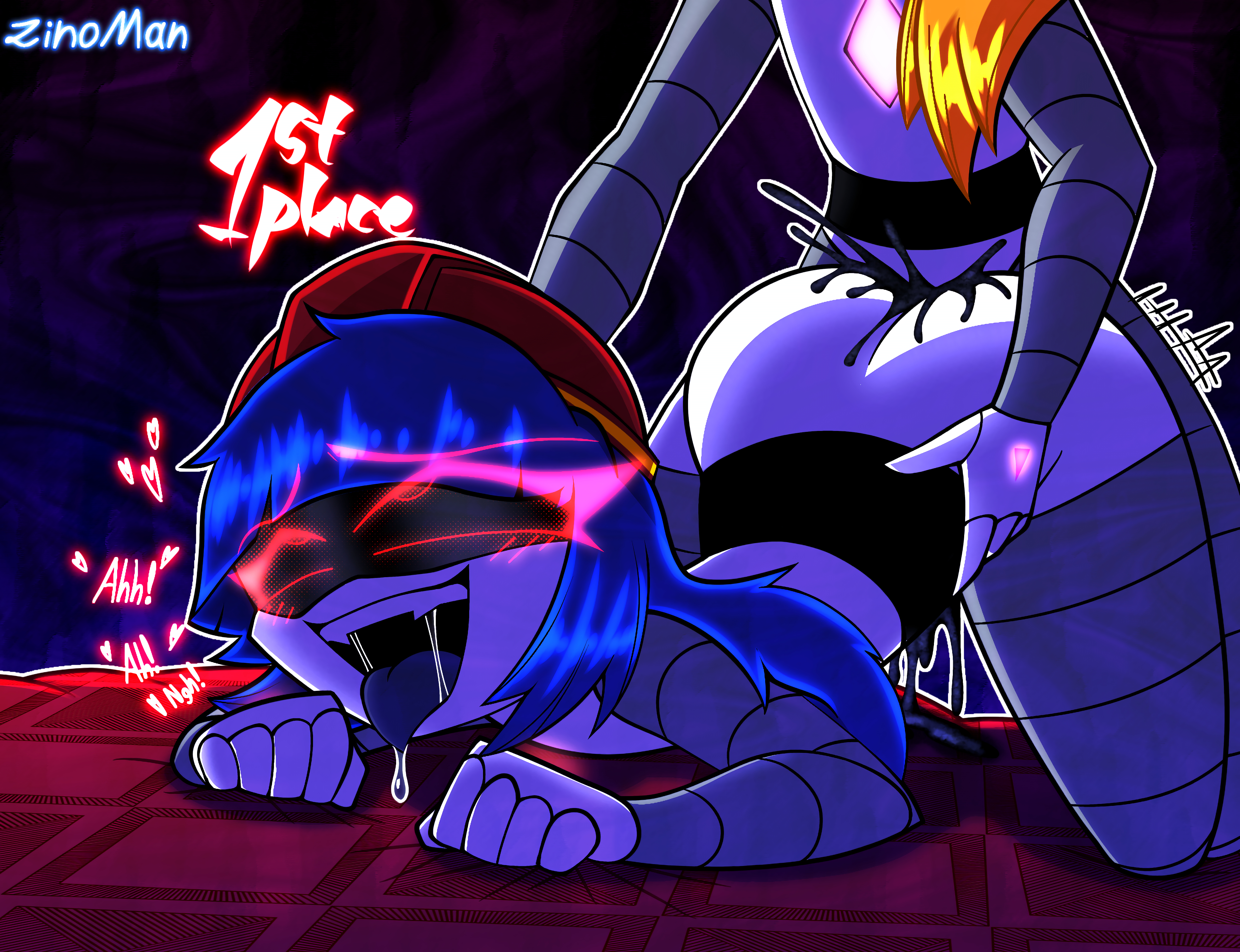 2girls, bed, bedroom, blush, blushing, doll (murder drones), from behind, futa on female, futa only, futanari, intercourse, lizzy (murder drones), murder drones, penetration, pleasure face, purple hair, red eyes, sex, tounge out, yuri, zinoman