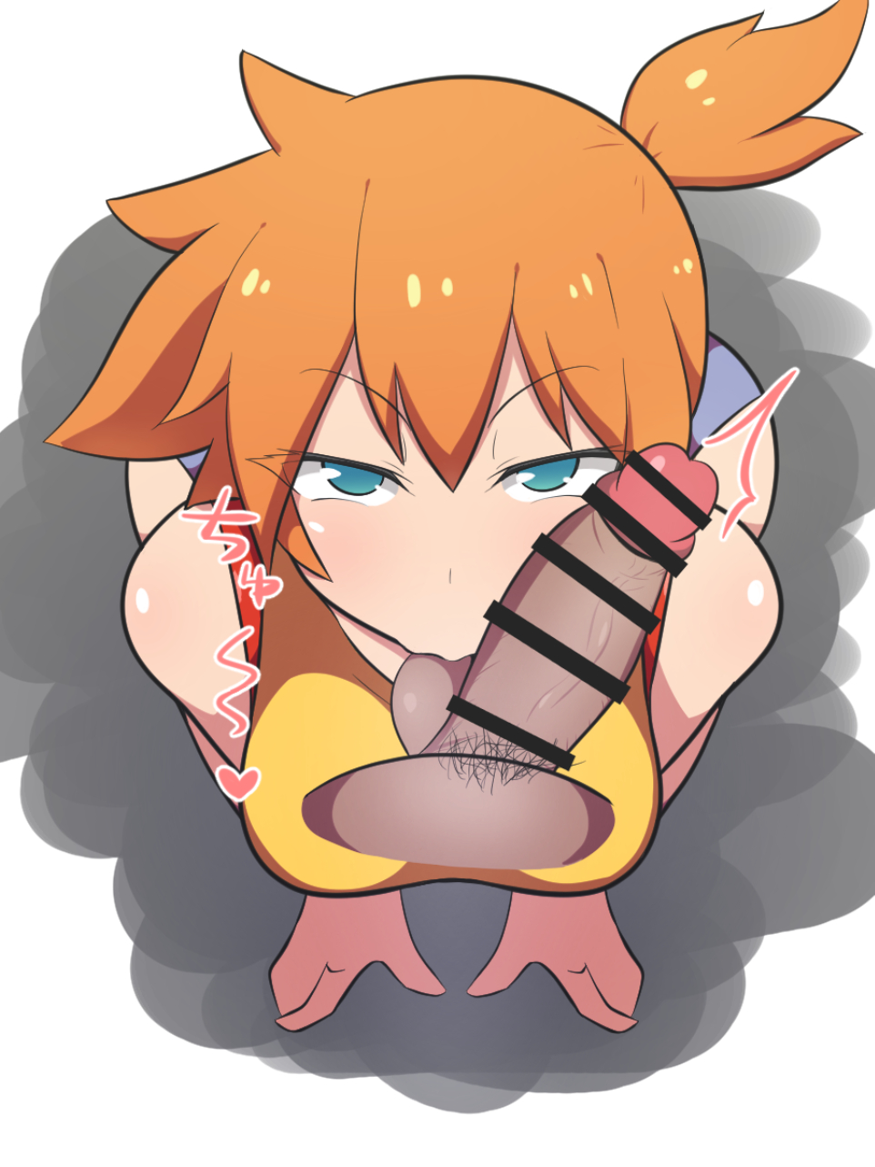 1boy, 1girls, alternate breast size, balls, balls sucking, blue eyes, blush, breasts, censor bar, censored, dark skin, dark-skinned male, dd (artist), eye contact, female, half-erect, kasumi (pokemon), light skin, light-skinned female, looking at viewer, male, nintendo, oral, orange hair, pale skin, pale-skinned female, penis, pokemon, pokemon rgby, pubic hair, short hair, sucking, sucking balls, sucking testicles, testicles, veiny penis, white background