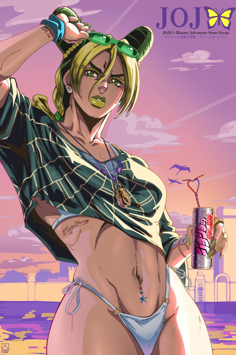 1girl, 1girls, 2:3, background, bangs, belly, belly button, belly piercing, bikini, blonde hair, blue bracelet, blue earrings, bra, bracelet, braid, braided hair, braided ponytail, breasts, cosplay, crop top, detailed background, earrings, female, female human, female only, grand theft auto, grand theft auto vi, green eyes, green hair, green lips, green lipstick, green nails, green sunglasses, gta vi cover girl, gta vi cover girl (cosplay), hair buns, holding, holding can, holding drink, holding object, jojo's bizarre adventure, jolyne kujo, king nothing (new artist1), large thighs, light skin, light-skinned female, lipstick, logo, looking at viewer, multicolored hair, nail polish, nails, nails painted, necklace, new epic artist, pale skin, pale-skinned female, panties, rings, shirt, stone ocean, straw, sunglasses, sunglasses on head, sunset, swimsuit, tattoo, tattoos, text, toned, toned female, two-tone hair, yellow hair