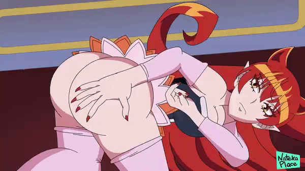 animated, ass, azazel ameri, big breasts, breasts, demon, demon girl, female, female only, humanoid, inviting, large ass, long hair, mairimashita! iruma-kun, nateka place, no panties, orange eyes, pink stockings, pointy chin, pointy ears, red hair, solo, tagme