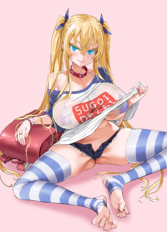 1girls asanagi ass_visible_through_thighs big_breasts bikini_top bikini_under_clothes blonde_hair blue_eyes blush collar fang feet female female_only hair_ribbon huge_breasts looking_at_viewer solo spread_legs sugoi_dekai thick_thighs thighhighs toes twintails uzaki-chan_wa_asobitai! uzaki_hana_(cosplay)