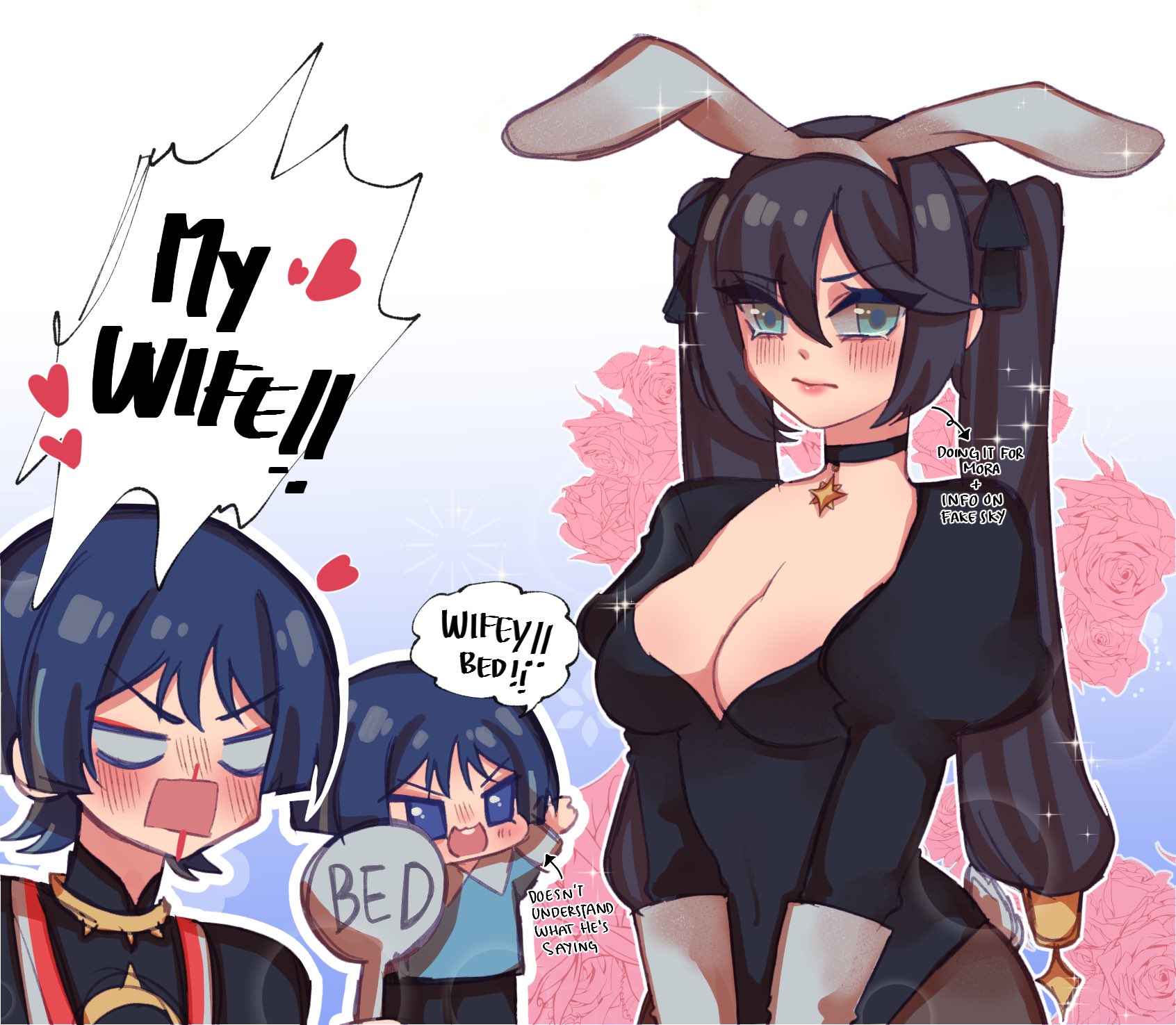 1girl, 2boys, blue hair, blush, breasts, bunny ears, bunny girl, cleavage, english text, female, female focus, genshin impact, horny, horny male, inviting to bed, koviiyay, light skin, long hair, male, male/female, mona (genshin impact), nosebleed, scaramouche (genshin impact), speech bubble, straight, wanderer (genshin impact)
