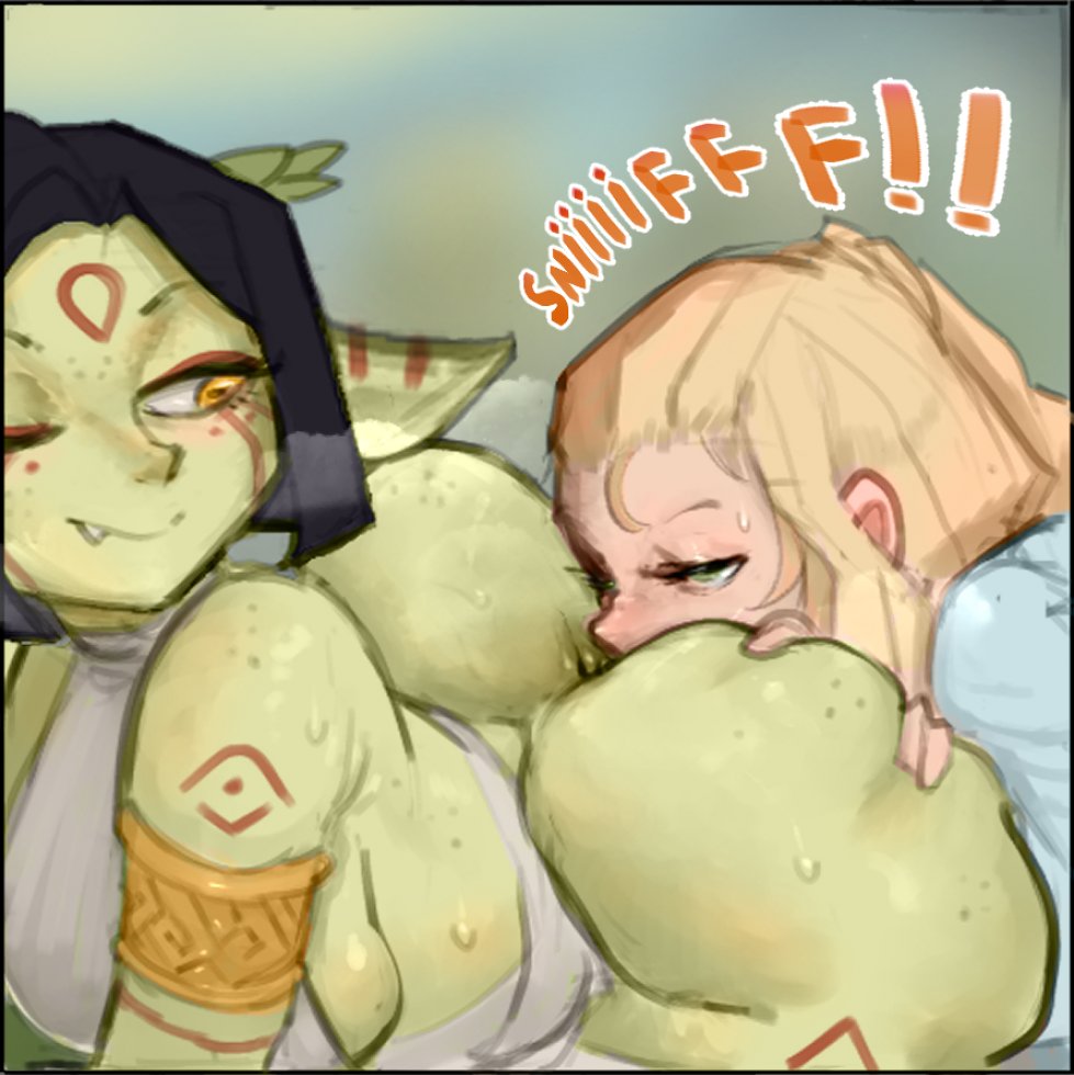 2girls ass ass_grab ass_sniffing bottom_heavy cute_fang dddoodles female female/female female_only goblin goblin_female green_skin huffing huge_ass looking_back lynn_(dddoodles) olive_(dddoodles) pointy_ears shortstack sniffing sniffing_ass sweat sweaty sweaty_ass sweaty_butt yuri