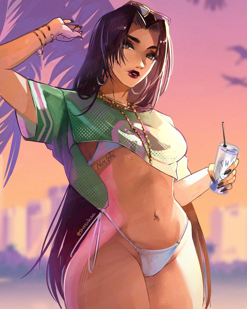 1girls, 2d, bikini, bikini top, black hair, clothed, cosplay, crop top, crop top overhang, cropped shirt, eyewear on head, fully clothed, grand theft auto vi, gta vi cover girl, highleg, highleg bikini, hips, holding, holding can, light skin, light-skinned female, long hair, marvel, marvel comics, marvel rivals, mutant (marvel), psylocke, purple eyes, revealing clothes, shiszukaa, solo, sunglasses, swimsuit, thick thighs, thighs, white bikini, wide hips, x-men