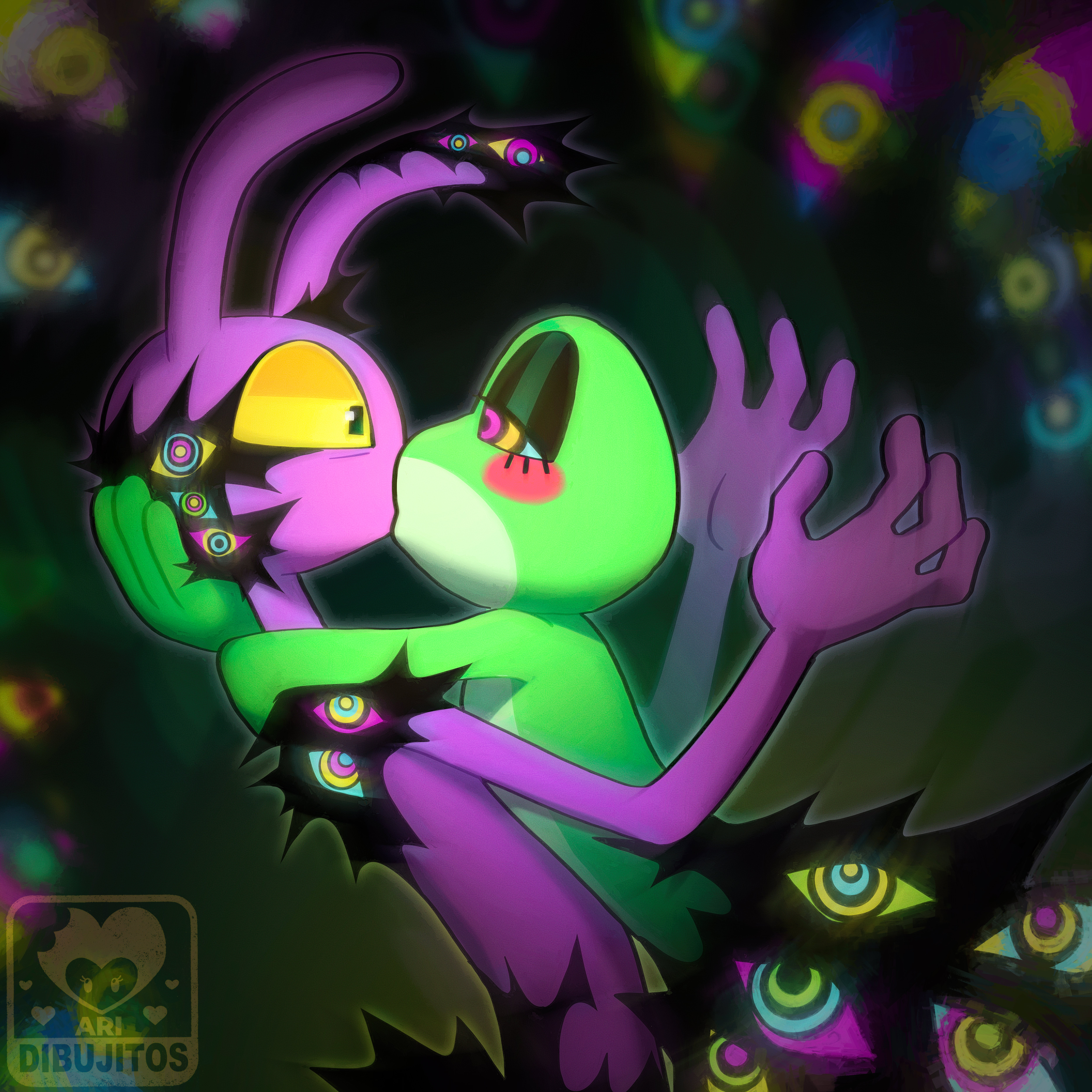 2026, 2d (artwork), 2girls, abstraction (the amazing digital circus), ari dibujitos, aribujitosnsfw, corruption, duo, full color, hypnosis, jax (the amazing digital circus), kaa eyes, kissing, mind control, ribbit (the amazing digital circus), ring eyes, tagme, the amazing digital circus, trans woman (lore), watermark