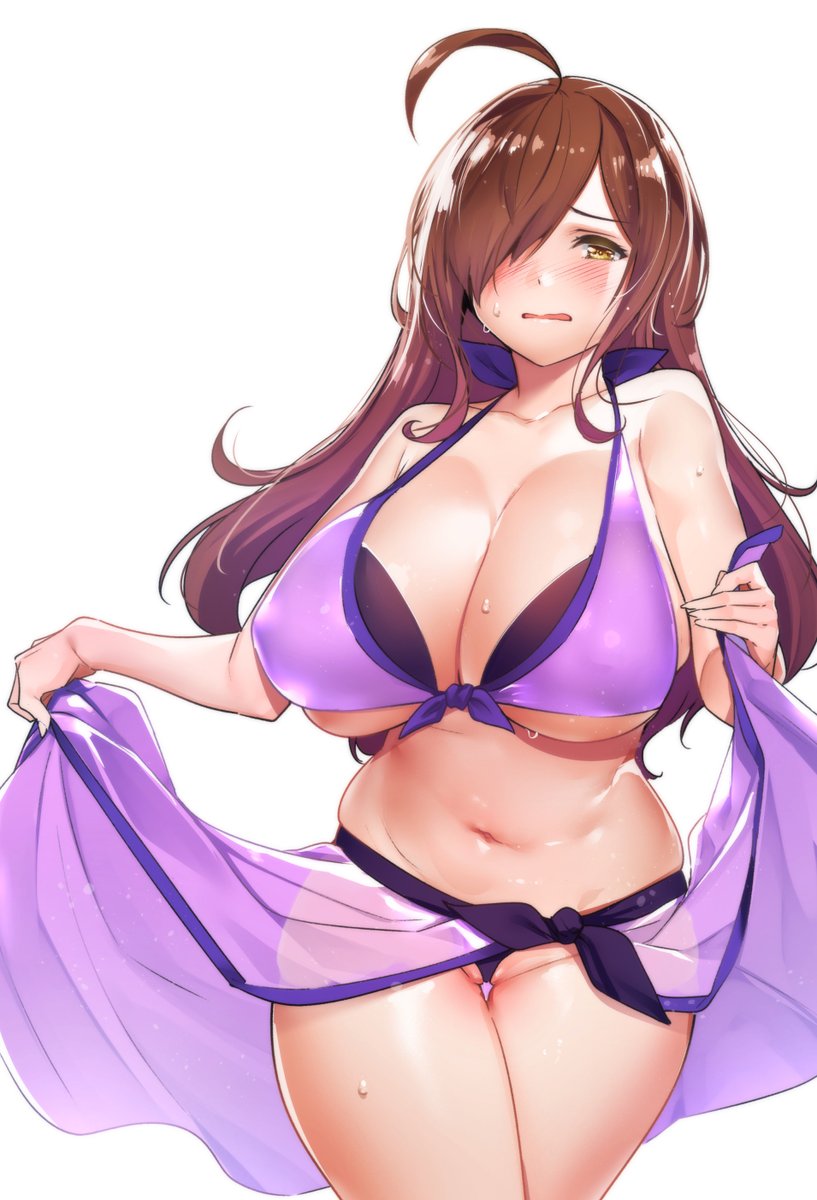 1girls ahoge amber_eyes between_labia black_bikini_top blush brown_hair cameltoe cleavage embarrassed erect_nipples hair_over_one_eye huge_breasts innie_pussy kono_subarashii_sekai_ni_shukufuku_wo! long_hair navel one_eye_covered pussy_floss solo_female sweat swimsuit swimsuit_lift thick_thighs thigh_gap thighs_together tomohiro_kai white_background white_skin wiz_(konosuba)