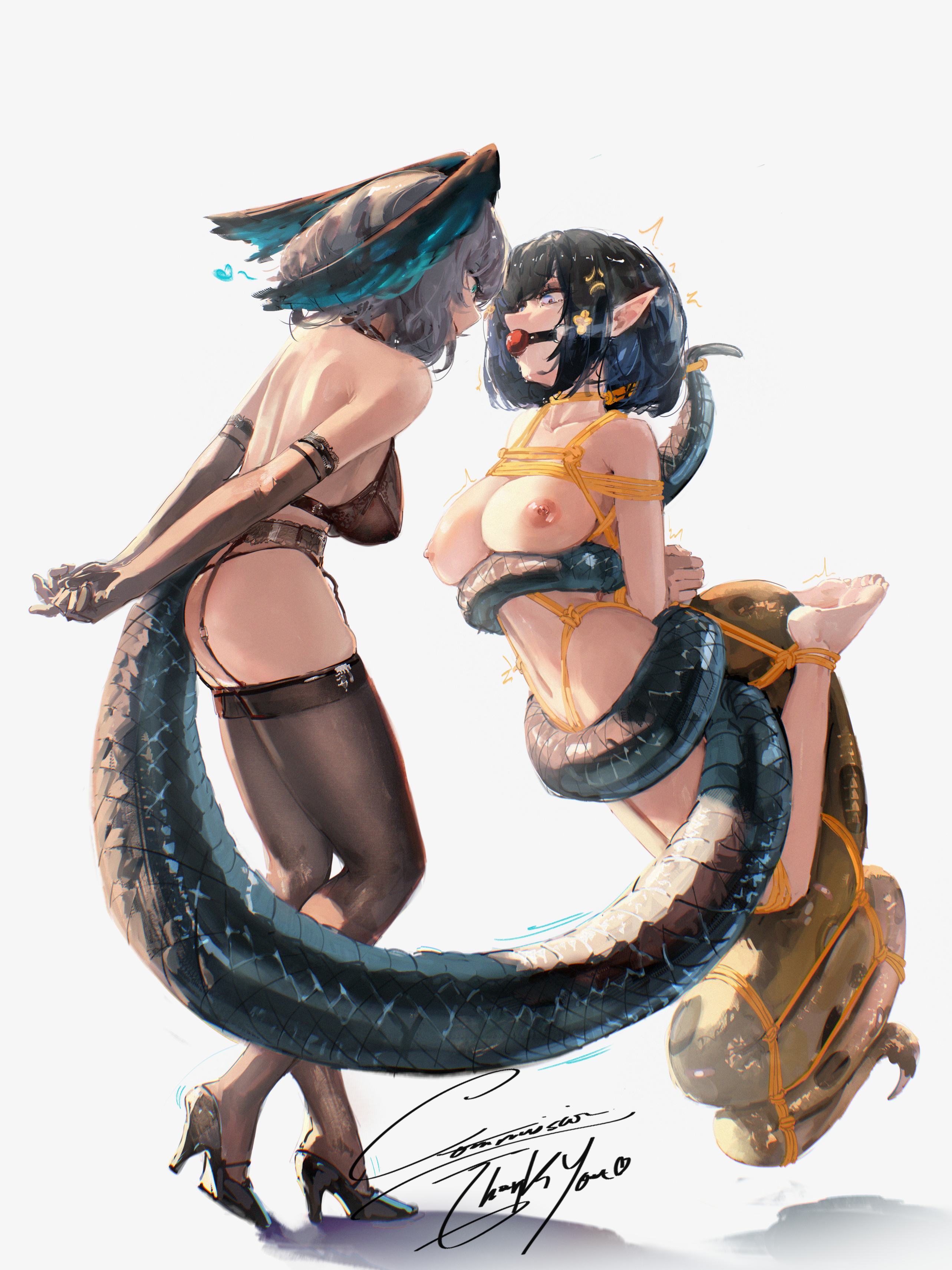 2girls, arknights, ass, ball gag, elbow gloves, eunectes (arknights), female, female only, femdom, gandy (gan3e46), heels, ho'olheyak (arknights), huge tail, looking at another, scared expression, snake girl, tail, tail wrap, thighs