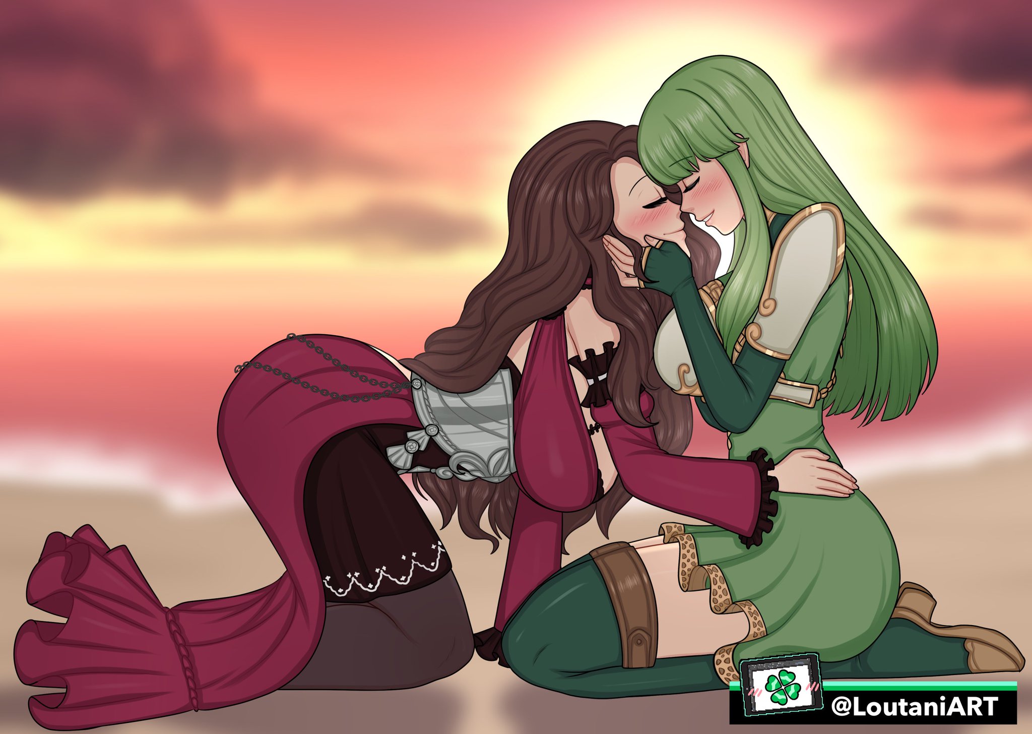 2girls, ass, beach, big ass, blush, breasts, brown hair, closed eyes, clothed, dorothea arnault, dress, female, female only, fire emblem, fire emblem echoes: shadows of valentia, fire emblem gaiden, fire emblem: three houses, green hair, hand on face, happy, holding, huge breasts, large breasts, long hair, loutaniart, multiple females, multiple girls, nintendo, non-nude, palla (fire emblem), post-timeskip, seaside, sfw, smile, sunset, water, wholesome, yuri