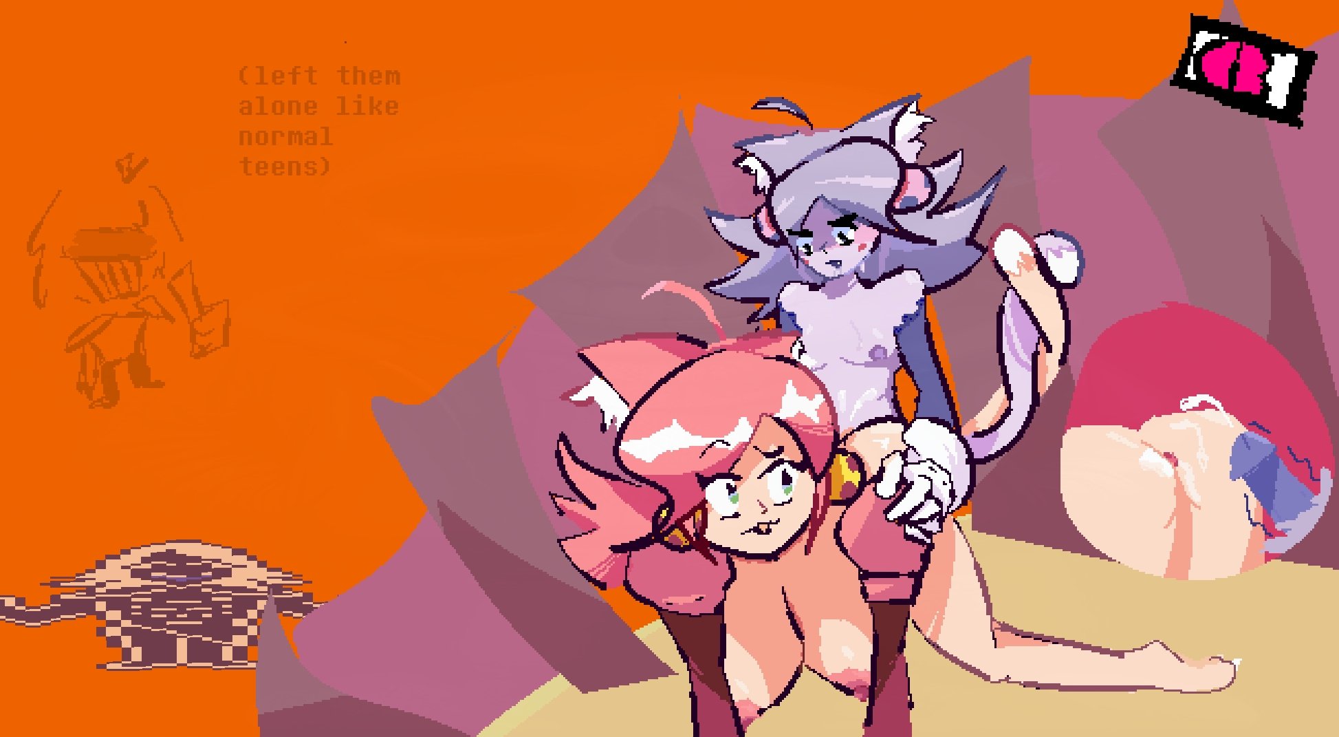 2girls, anus, ass, breast size difference, breasts, cat ears, cat tail, catgirl, cum, cum inside, deltarune, futanari, ghost, huge breasts, irritable ghost (deltarune), kris (deltarune), mad dummy, mad mew mew, pink (deltarune), rouxls kaard, selfcest, tail grab, transgender, yuri