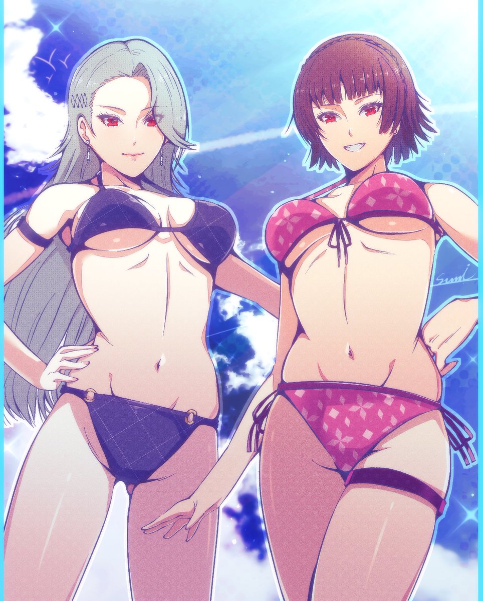 2 girls, alluring, atlus, big breasts, bikini, black bikini, blue sky, brown hair, cloud, cloudy sky, commentary request, corner50777313, earrings, grey hair, high res, jewelry, long hair, makoto niijima, multiple girls, outside, persona, persona 5, persona 5 the royal, red eyes, sae niijima, sega, short hair, siblings, silf, silfs, sisters, sky, smile, swimsuit