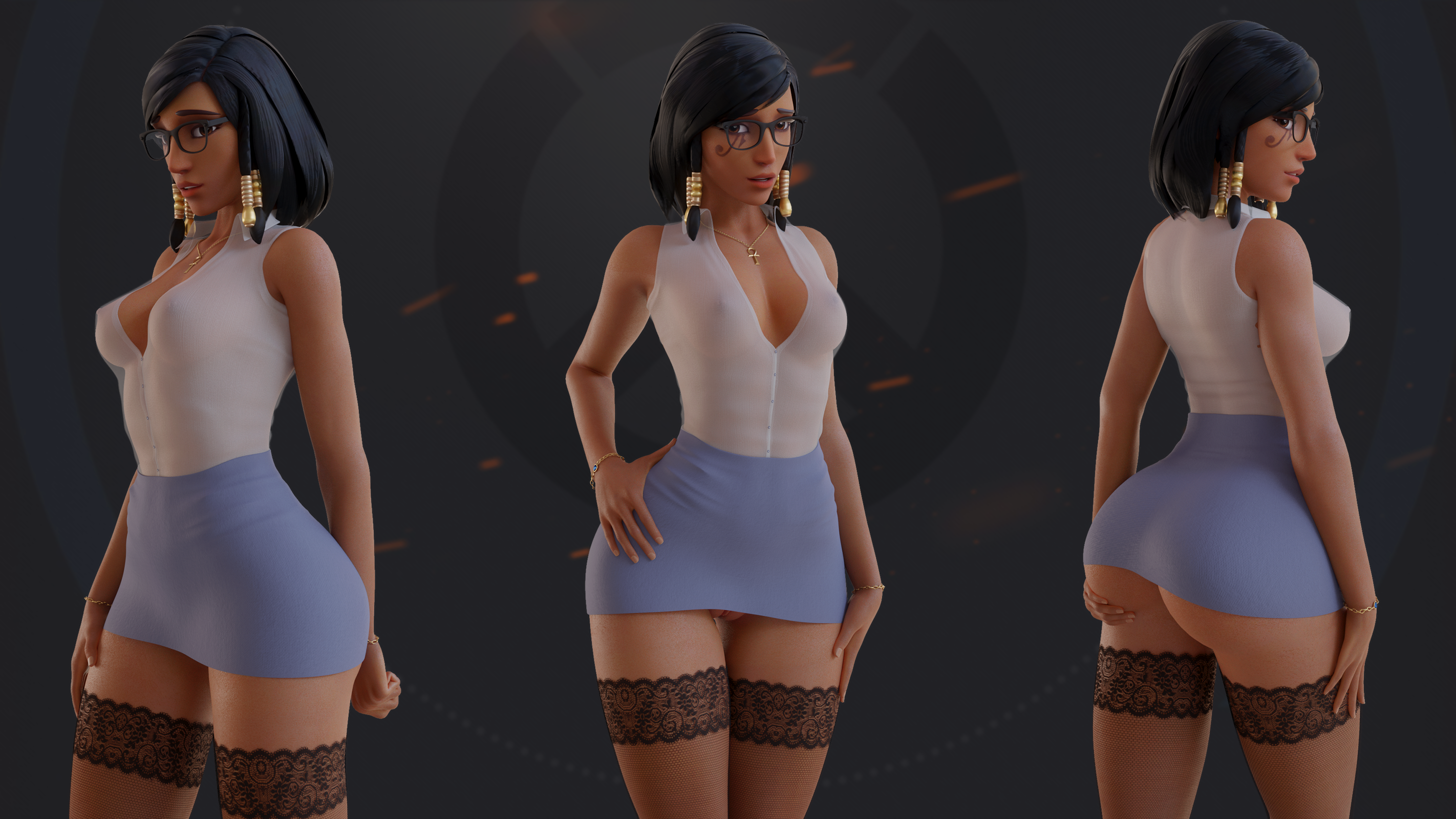 1girls, 3d, arhoangel, ass, blender, bottomless, dark skin, dark-skinned female, female, female only, glasses, looking at viewer, miniskirt, office lady, overwatch, pencil skirt, pharah, pussy, skirt, solo, white shirt