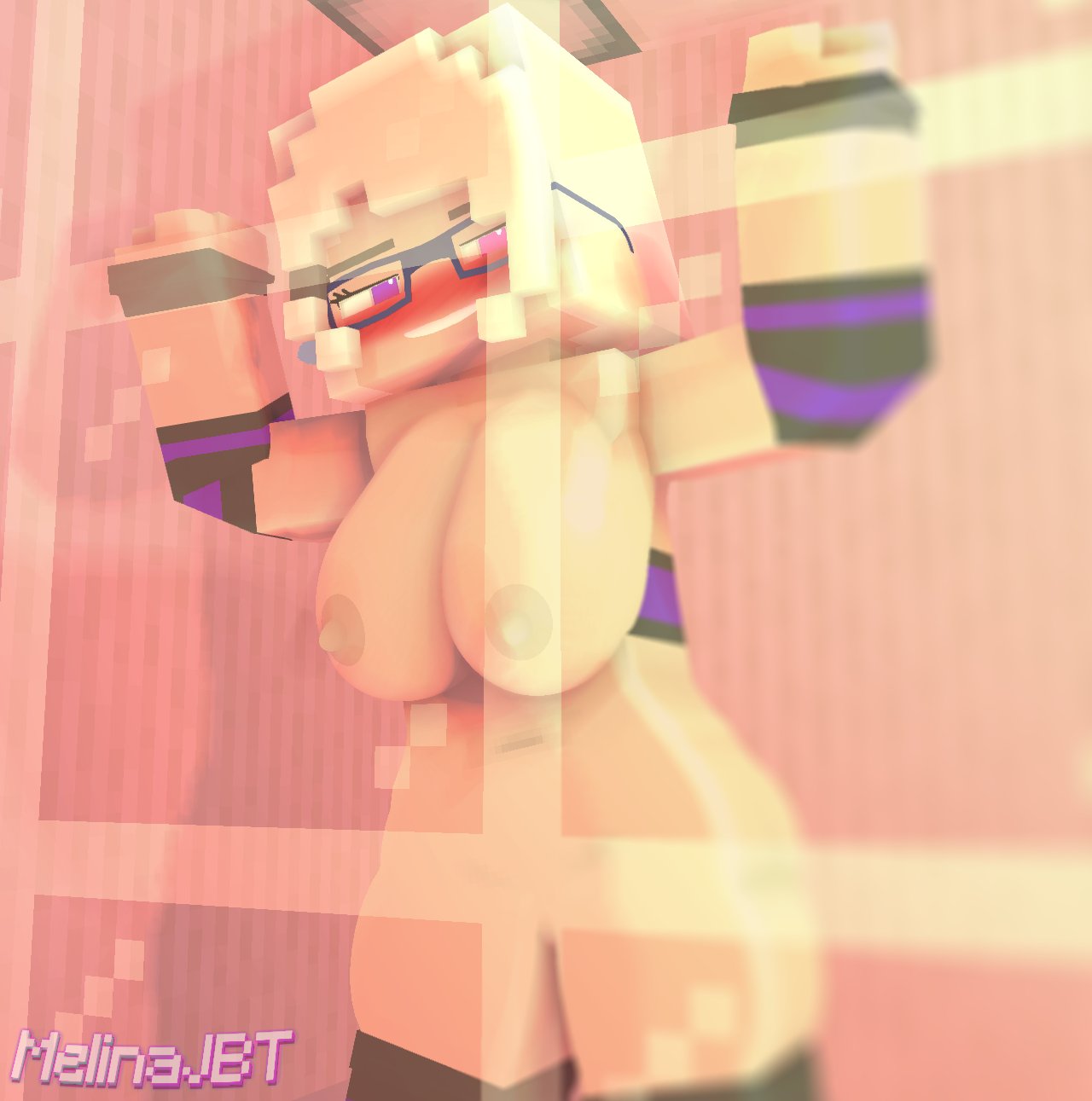 1girls, 3d, ahe gao, anthro, big breasts, breasts, female, female only, glasses, melanie thompson (melinajbt), melinajbt, mine-imator, minecraft, nude, original character, purple eyes, room, solo, stockings, tagme, white hair