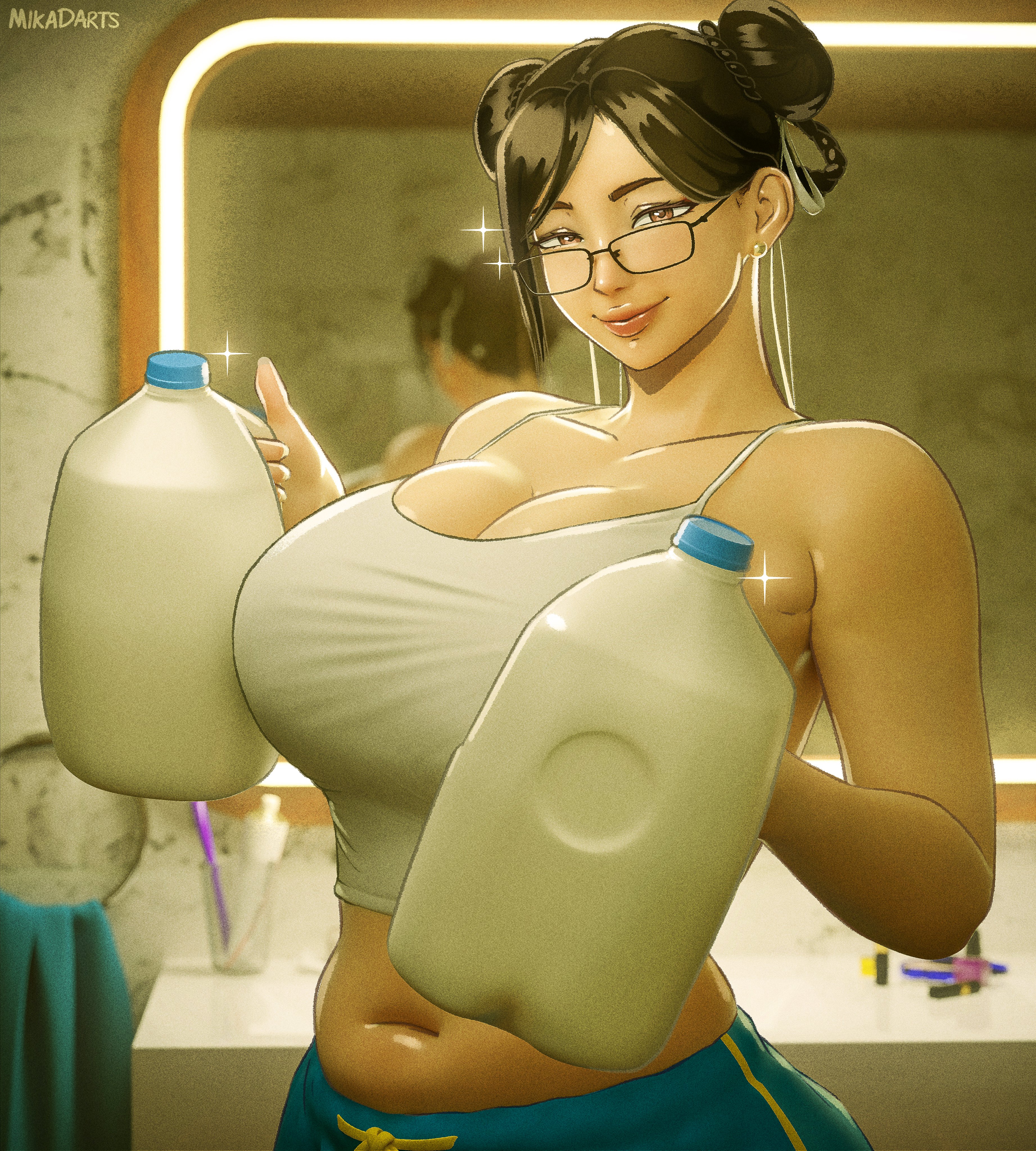 1girl, absurdres, bathroom, breasts, brown eyes, camisole, capcom, chun-li, cleavage, collarbone, commentary, crop top, double bun, drink carton, english commentary, fully clothed, glasses, hair bun, hair ribbon, hair rings, highres, holding, mikadawn, milk, milk carton, mirror, navel, ribbon, sink, smile, solo, stomach, street fighter, white camisole, white ribbon