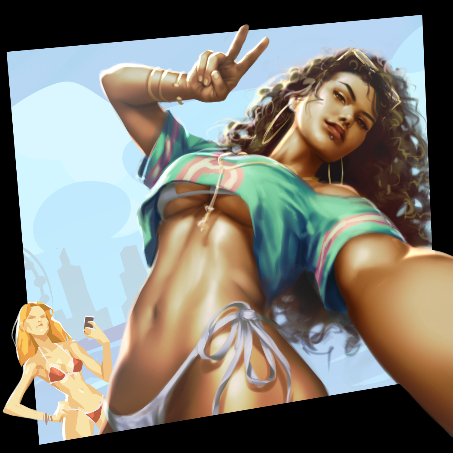 2d, 2d (artwork), 2d artwork, 2girls, absurd res, absurd resolution, absurdres, afrolatina, annoyed expression, beautiful woman, beautiful women, belly, blonde hair, blonde-haired female, brown-haired female, cleavage, crossover, earrings, exposed hips, ferris wheel, grand theft auto, grand theft auto v, grand theft auto vi, gta vi cover girl, gtav cover girl, high resolution, highres, hip cleavage, hip cutout, humor, karsten schreurs, large breasts, long hair, long-haired female, navel, photo bomb, pinup, posing, red bikini, selfie, skyscrapers, teasing, unbothered, underboob, white bikini