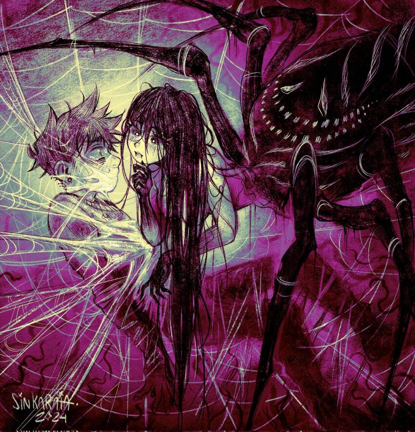 1boy, 1girl, alt text, arachne, arthropod girl, breasts, commentary, covered mouth, english commentary, extra arms, hero (omori), highres, insect girl, limited palette, long hair, mari (omori), medium breasts, messy hair, monster girl, nipples, nude, omori, silk, sintastein, spider girl, spider web, taur