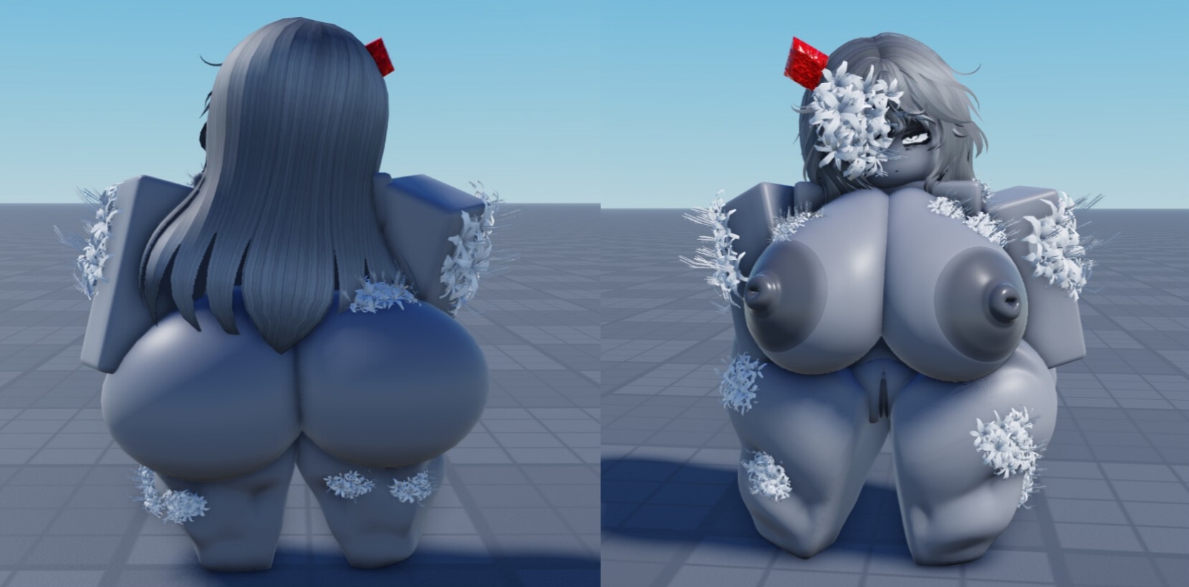 1girls, 3d, artist request, ass, ass exposed, ass focus, ass focused, baseplate, big ass, big breasts, boobs bigger than torso, boobs exposed, collaboration, female, flower on head, flower petals, focus, gray skin, maelereth, milf, milf body, nude, oc, original character, roblox, roblox avatar, roblox background, roblox studio, robloxian, tagme, tagme (artist)
