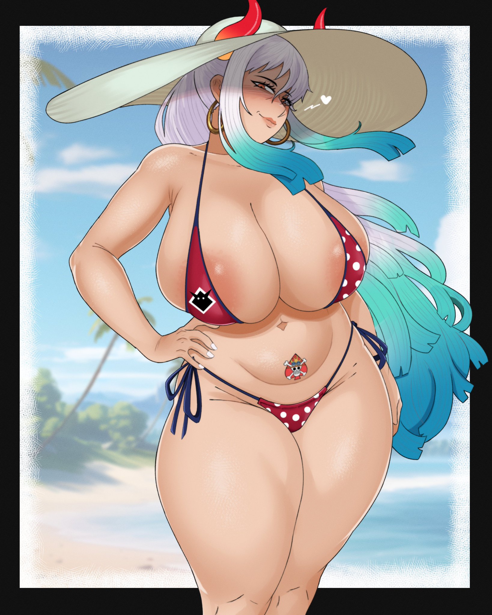 1girls, alcohol, alcoholic drink, ass, beach, beach hat, beautiful woman, big ass, big boobs, big breasts, big butt, big hips, big thighs, big tits, bikini, bikini bottom, bikini top, blue hair, blush, blush lines, boobs, breasts, butt, commission, curvaceous, curvaceous body, curvaceous female, curvaceous figure, curvaceous hips, curvaceous thighs, curvy, curvy body, curvy female, curvy figure, curvy hips, curvy thighs, escriba, female, gigantic ass, gigantic boobs, gigantic breasts, gigantic butt, gigantic hips, gigantic thighs, gigantic tits, green hair, heart tattoo, hips, horn, horns, huge ass, huge boobs, huge breasts, huge butt, huge hips, huge thighs, huge tits, male, male/female, massive areolae, massive ass, massive boobs, massive breasts, massive butt, massive hips, massive thighs, massive tits, mature woman, micro bikini, milf, multicolored hair, older female, one piece, oni, oni female, oni horns, orange eyes, pirate, pirate girl, shipping, tattoo, tattoo on belly, tattoo on legs, thick thighs, thighhighs, thighs, tits, voluptuous, voluptuous body, voluptuous female, voluptuous milf, white hair, wide hips, wide thighs, yamato (one piece)