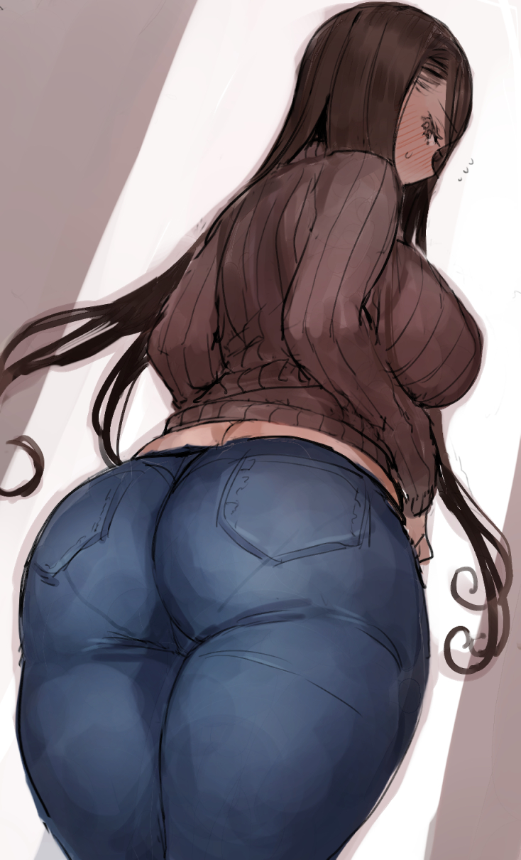 1girls, ass, ass focus, back view, big ass, big breasts, blush, breasts, brown eyes, brown hair, c.cu, curvy, denim, embarrassed, female, female focus, female only, from behind, fully clothed, highres, huge ass, jeans, large breasts, long hair, looking at viewer, looking back, midriff, original, pants, pantylines, plump, solo, solo female, standing, sweatdrop, sweater, thick, thick thighs, tight jeans, tight pants, voluptuous
