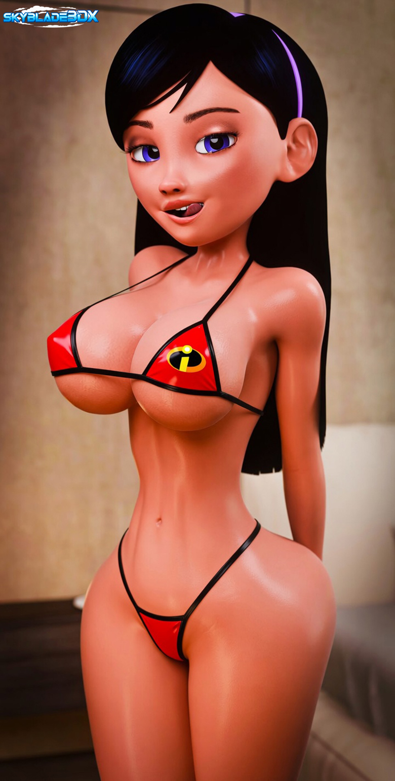 1girls, 3d, big breasts, bikini, black hair, breasts, disney, female, female only, hairband, large breasts, nipple bulge, pixar, skyblade3dx, the incredibles, violet eyes, violet parr