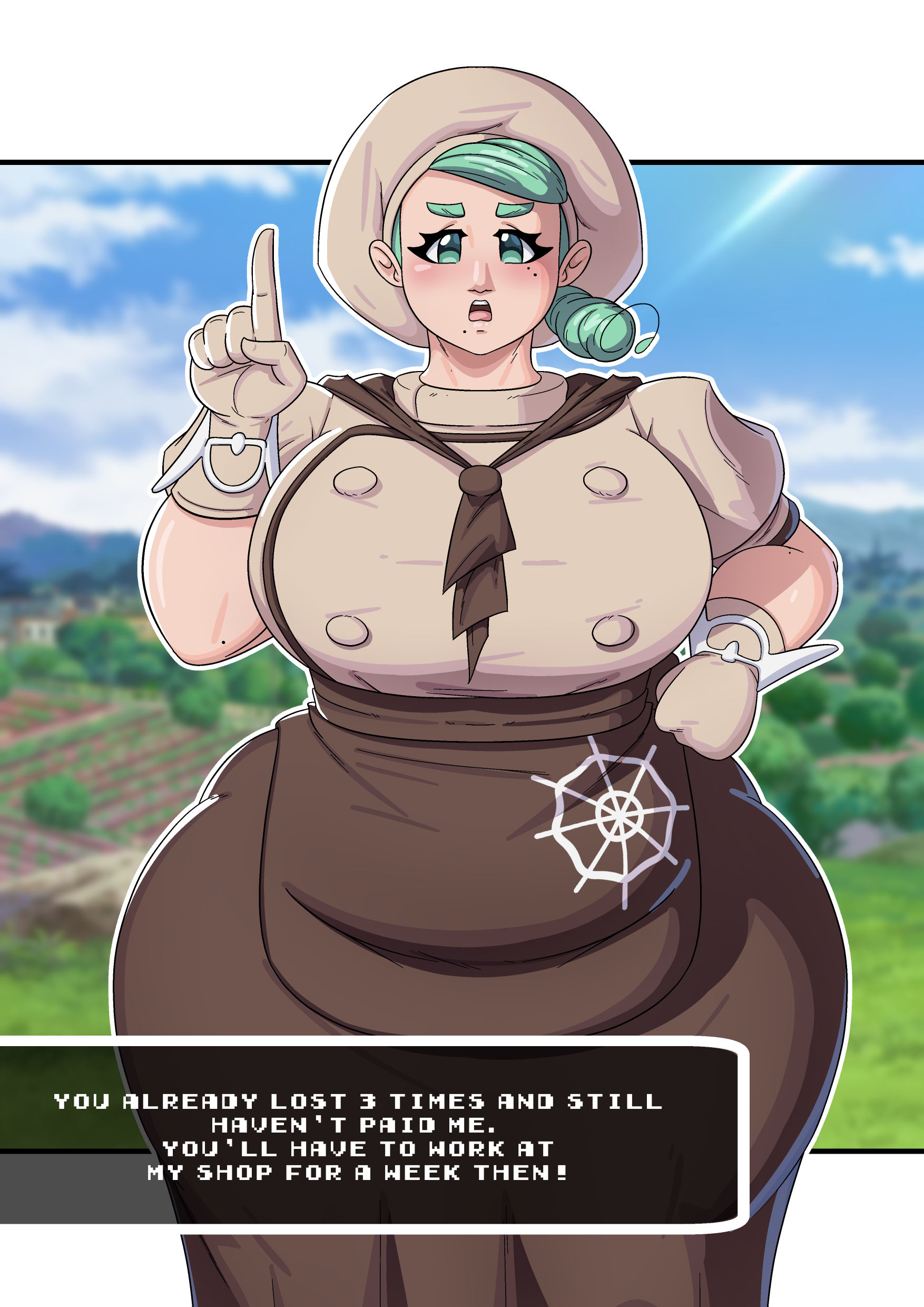 1girls, big breasts, bottomwear, breasts, clothing, drawingstiv, english, english text, female, female only, game freak, gloves, green eyes, hair, hand on hip, handwear, hat, headwear, hips, huge breasts, katy (pokemon), mature, mature female, mature woman, mole, mole under eye, mole under mouth, nintendo, plump, pokemon, pokemon sv, solo, solo female, teal hair, text, text box, topwear, voluptuous, voluptuous female, wide hips