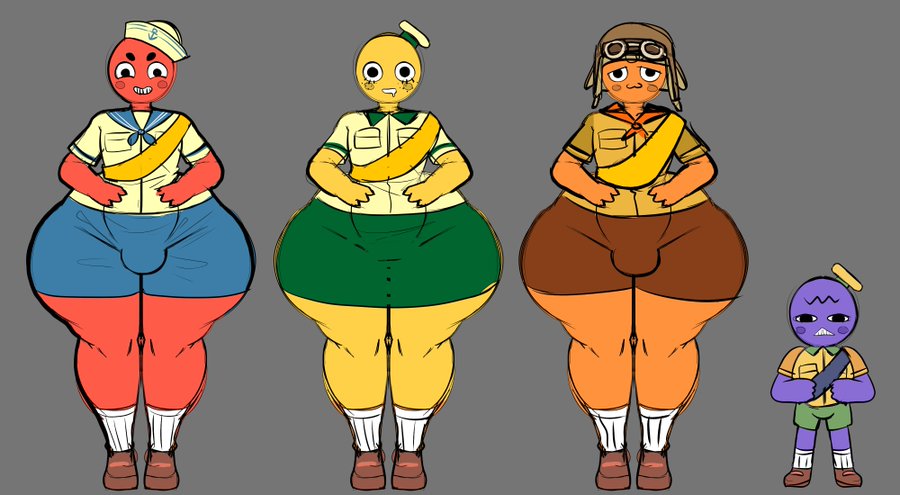 1girls, 3boys, babyhunt4, different size, drooling, femboy, orange skin, peak (videogame), purple skin, red skin, scout (peak), thunder thighs, wide hips, yellow skin