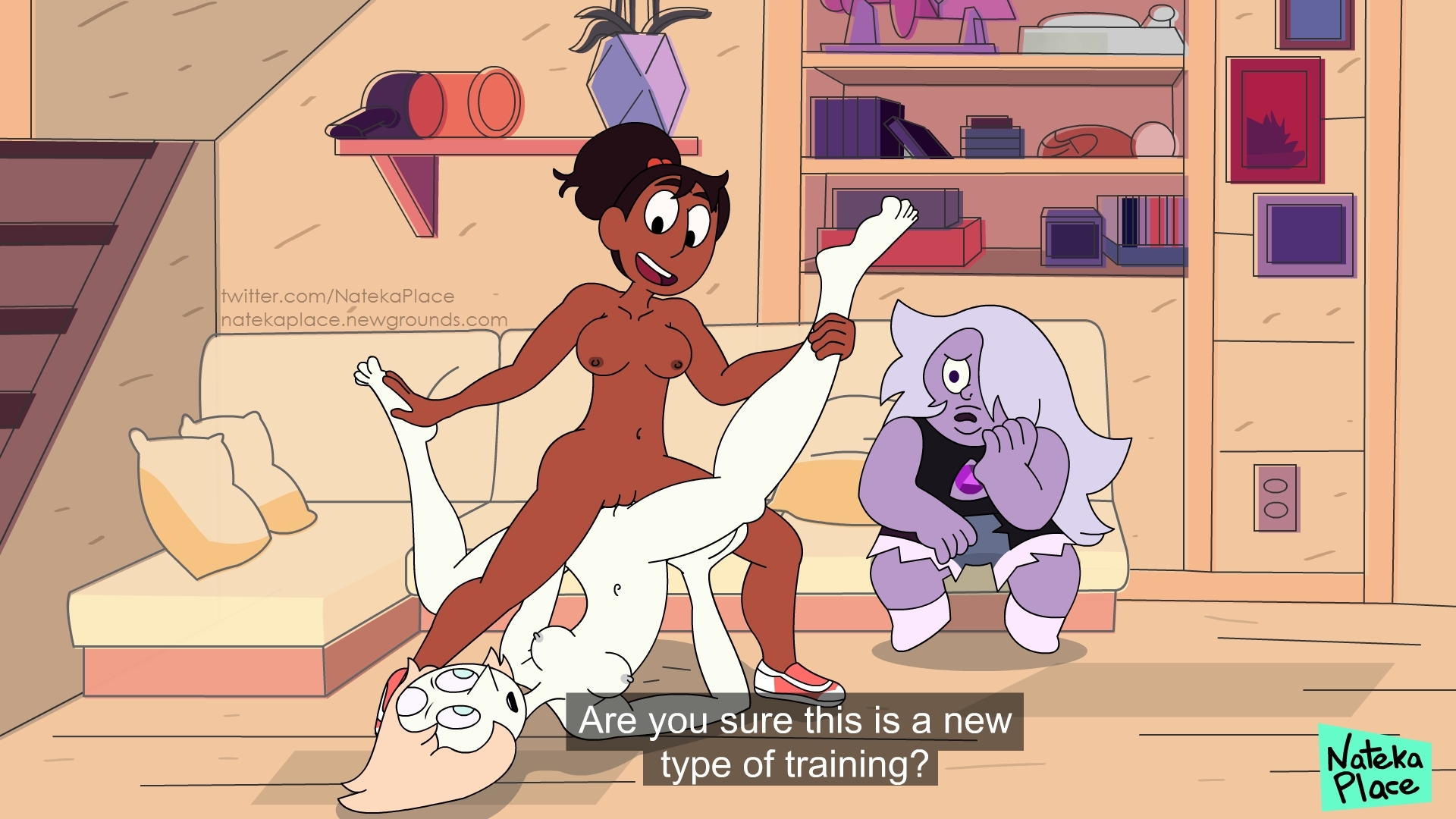 3girls, age difference, alien girl, amethyst (steven universe), breasts, brown body, connie maheswaran, dark skin, female, gem, gem (species), human, multiple females, multiple girls, nateka place, nude, pearl (steven universe), purple body, scissoring, steven universe, straight hair, tagme, tribadism, watching, white body, yuri
