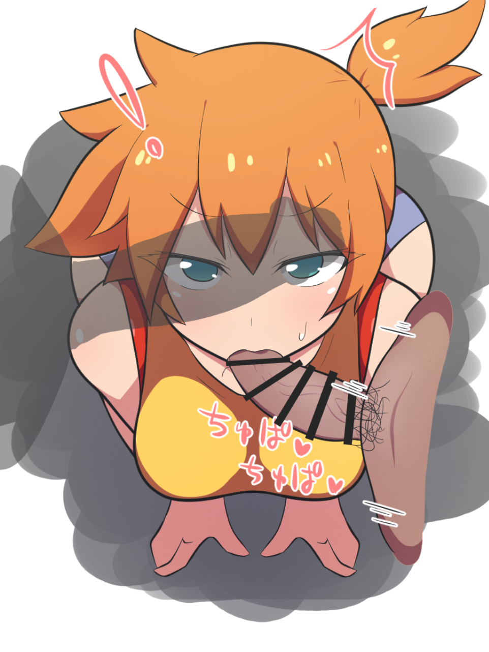 1girls, 2boys, alternate breast size, big penis, blowjob, blue eyes, blush, breasts, censor bar, censored, dark skin, dark-skinned male, dd (artist), erection, fellatio, female, kasumi (pokemon), light skin, light-skinned female, looking at another, male, nintendo, orange hair, pale skin, pale-skinned female, penis, penis awe, pokemon, pokemon rgby, pubic hair, short hair, sucking, sweat, veiny penis, white background
