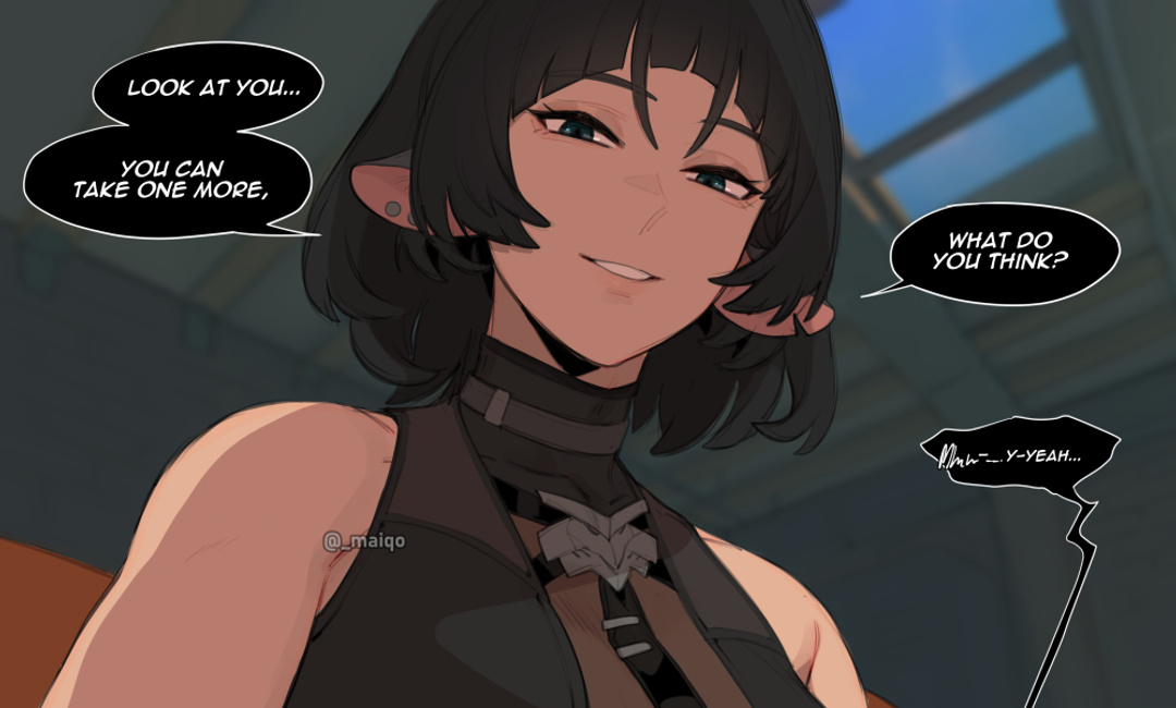 belle (zenless zone zero), dialogue, english text, jane doe (zenless zone zero), maiqo, teasing