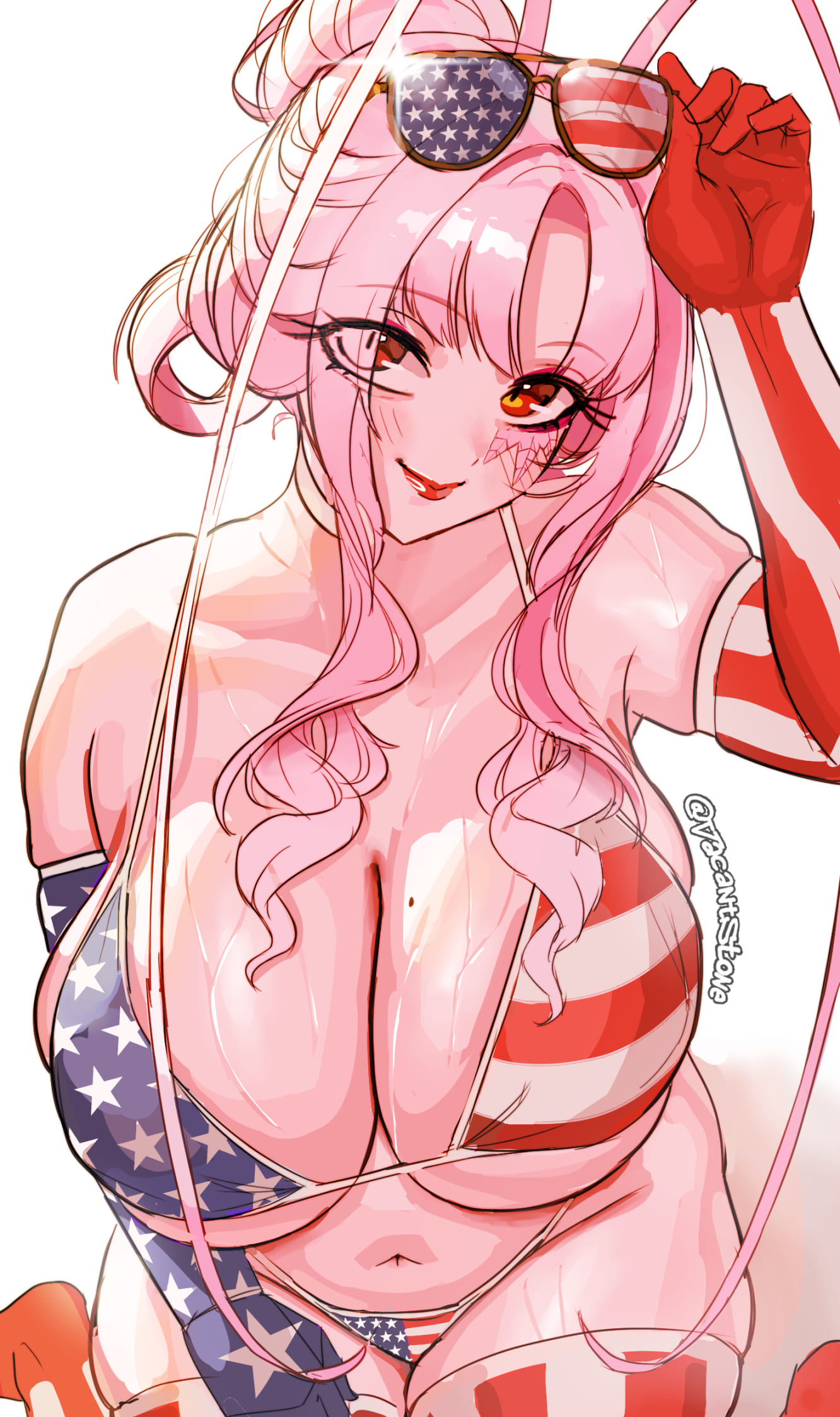 1girl, 1girls, american flag, american flag bikini, american flag print, antennae, arthropod girl, big breasts, bikini, breasts, cockroach girl, commentary, curvy, elbow gloves, english commentary, eyewear on head, facial mark, female, flag print, flag print bikini, gloves, hair bun, highres, huge breasts, indie virtual youtuber, large breasts, looking at viewer, massive breasts, matara kan, mature, mature female, milf, mole, mole on breast, mommy, monster girl, navel, pink hair, print bikini, red eyes, red lips, sidelocks, sitting, smile, solo, sunglasses, swimsuit, thick thighs, thighhighs, thighs, tits, vacantstone, virtual youtuber, vtuber, wet, white background, wide hips