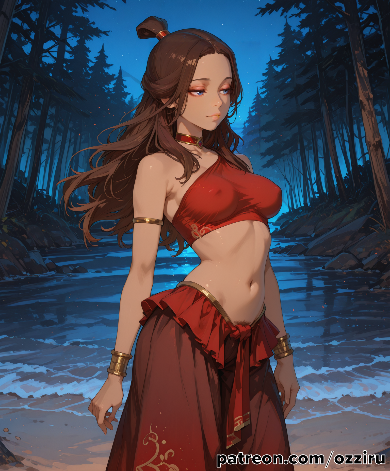 absurd res, aged up, aged up character, ai generated, alternate costume, alternate version at source, alternate version available, avatar the last airbender, beach, blue eyes, brown hair, cute, cute face, dark skin, dark-skinned female, female, female focus, fire nation clothing, forest, hi res, highres, katara, long hair, nickelodeon, night, night sky, outdoor nudity, outdoor sex, outdoors, outercourse, outside, ozziru, patreon, self upload, solo, solo female, solo focus, standing, teen, teenage female, teenage girl, teenager, topknot, uncensored, water