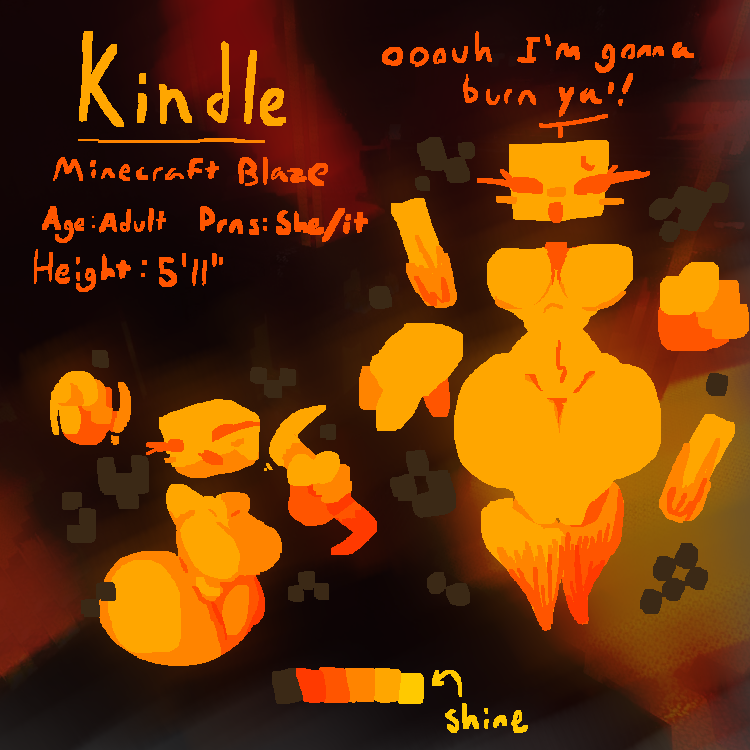 armless, blaze (minecraft), floating hands, floating head, hourglass figure, junojif, large thighs, microsoft, minecraft, mojang, nether (minecraft), no arms, perky breasts, reference image, reference sheet, smoke, threatening, threatening viewer, tiny waist, wasp waist, wide hips, xbox game studios