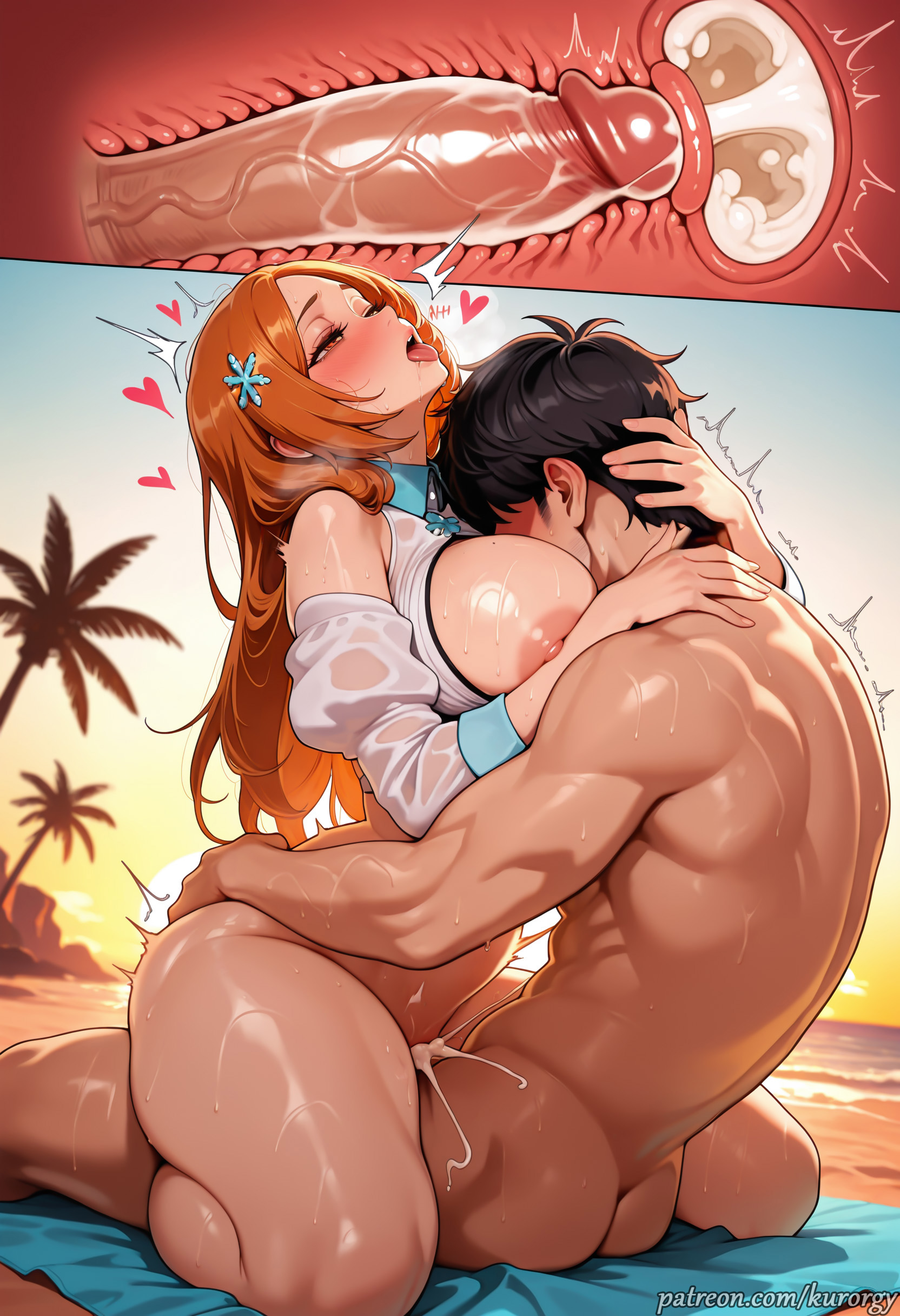 1boy, 1girl, ai generated, beach, between breasts, black hair, bleach, bleach: the thousand-year blood war, blush, breasts, cervix, cum, cum in pussy, deep penetration, ejaculation, heart, hetero, hug, inoue orihime, kurorgy, large breasts, long hair, nipples, nude, open mouth, orange hair, orihime inoue, penis, sex, straddling, sweat, tongue, tongue out, uncensored, upright straddle, vaginal