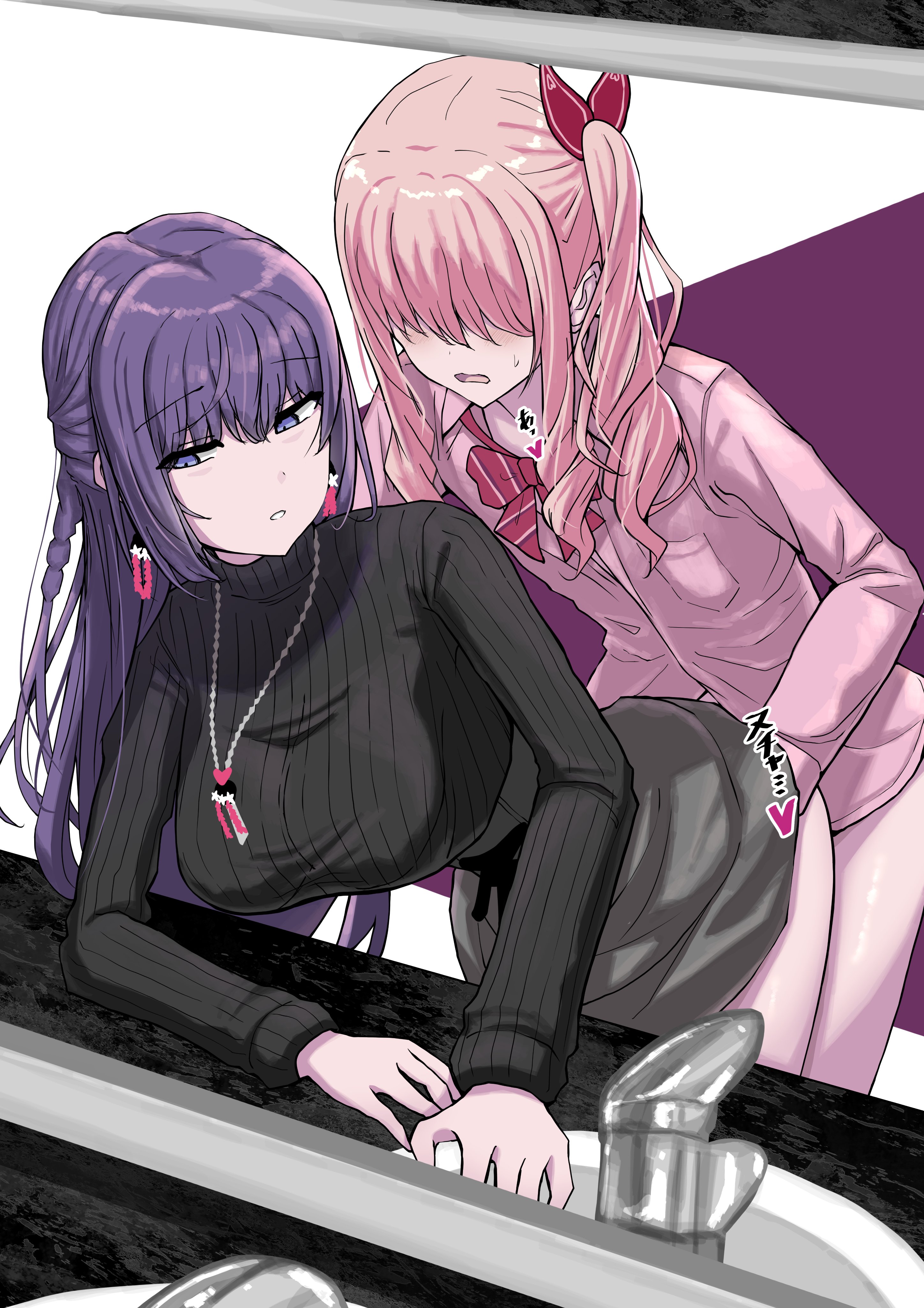 2girls, akiyama mizuki, asahina mafuyu, chin gero, clothed, clothed sex, doggy style, from behind, penetration, pink hair, project sekai, purple eyes, purple hair, sex, sex from behind, trans woman, transgender