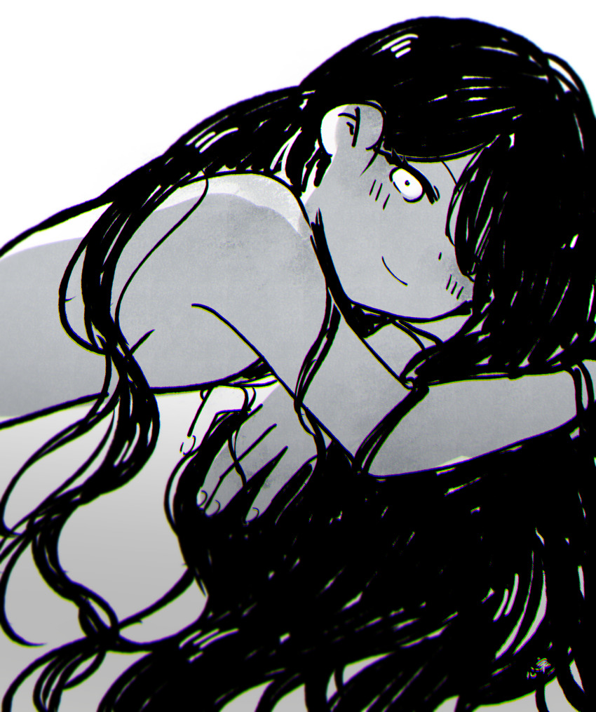 1girl, artistic nude, black hair, blush, breast press, breasts, colored skin, completely nude, crossed arms, greyscale, hair over one eye, head rest, highres, kokomi (aniesuakkaman), long hair, looking at viewer, lying, mari (omori), medium breasts, monochrome, nonsexual nudity, nude, omocat (style), omori, on stomach, smile, solo, white skin