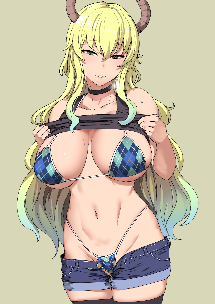 big_breasts bikini black_thighhighs blonde_hair choker denim_shorts dragon_girl dragon_horns eyebrows_visible_through_hair gradient_hair green_background green_eyes horns long_hair looking_at_viewer messy_hair miss_kobayashi's_dragon_maid miyamoto_issa monster_girl multicolored_hair navel quetzalcoatl_(dragon_maid) shiny shiny_hair shiny_skin shorts_open side-tie_bikini side-tie_panties simple_background solo steamy_breath sweat tank_top_lift thighhighs yellow_eyes