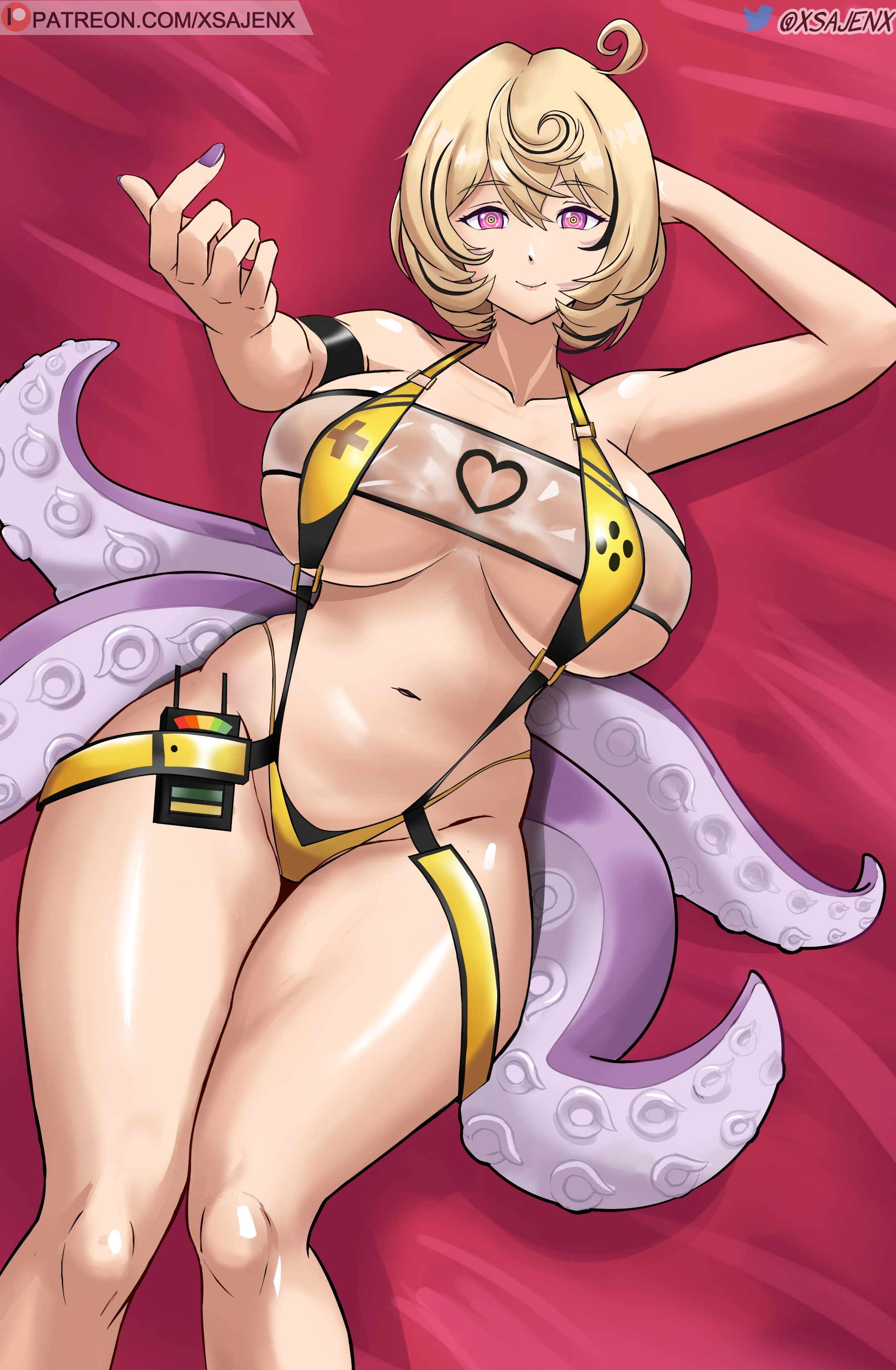 1girls, animal tail, arm strap, artist name, big breasts, blonde hair, breasts, cleavage, colored nails, come hither, cosplay, elegg (boom and shock) (nikke) (cosplay), female, female only, gloves, goddess of victory: nikke, hair, hand behind head, hips, huge breasts, long nails, nail polish, nails, octopus girl, official alternate costume, painted nails, purple eyes, purple nail polish, purple nails, revealing clothes, skimpy, skimpy clothes, sling bikini, smile, solo, solo female, swimwear, tail, tentacle tail, thick thighs, thigh strap, thighs, wide hips, xsajenx, yellow sling bikini, yidhari murphy, zenless zone zero