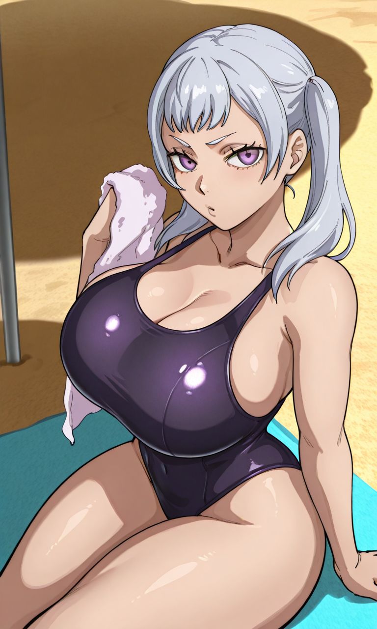 1girls, ai generated, beach, big boobs, big breasts, black clover, curvy, curvy body, curvy female, curvy figure, curvy hips, curvy thighs, female, female only, huge breasts, kyoru189, large breasts, light skin, light-skinned female, looking at viewer, mature female, noelle silva, one-piece swimsuit, purple eyes, shiny, shiny skin, side view, silver hair, sitting, solo, solo female, swimsuit, towel, twintails