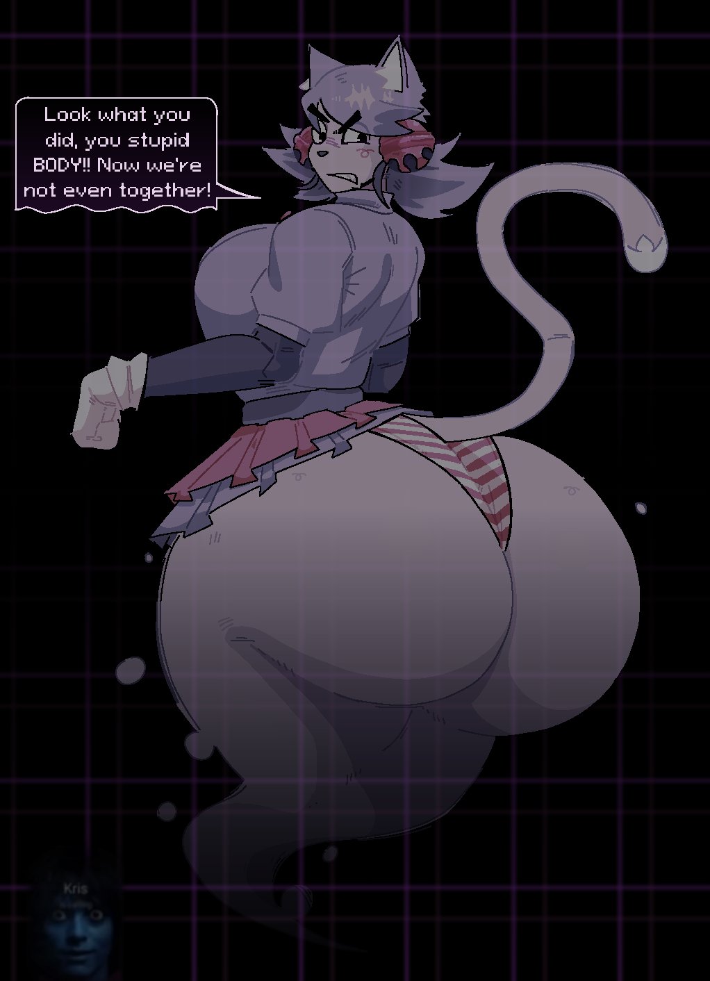 1girl, 1girls, angry face, ass, ass bigger than head, ass focus, ass hanging out, ass hanging out of skirt, bell earrings, big ass, boobs, cat ears, cat girl, cat tail, clothing, cute, deltarune, deltarune chapter 5, disgusted, ephemeralscooge, ephemeralscourg, frustrated, fully clothed, ghost, gigantic ass, gloves, huge ass, hyper ass, kris (deltarune), light purple hair, lightner, mad mew mew, oblivious sexualization, panties, skirt, solo focus, tagme, text, text box, text bubble