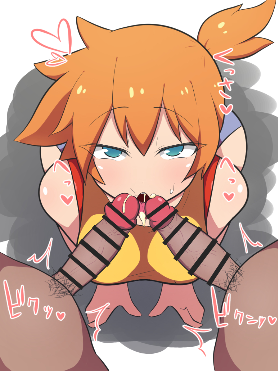 1girls, 2boys, alternate breast size, big penis, blowjob, blue eyes, blush, breasts, censor bar, censored, cum, cum in mouth, dark skin, dark-skinned male, dd (artist), double barrel blowjob, double barrel fellatio, double fellatio, erection, eye contact, fellatio, female, kasumi (pokemon), light skin, light-skinned female, looking at viewer, male, misty (pokemon), nintendo, orange hair, pale skin, pale-skinned female, penis, pokemon, pokemon rgby, pubic hair, short hair, sucking, sweat, veiny penis, white background