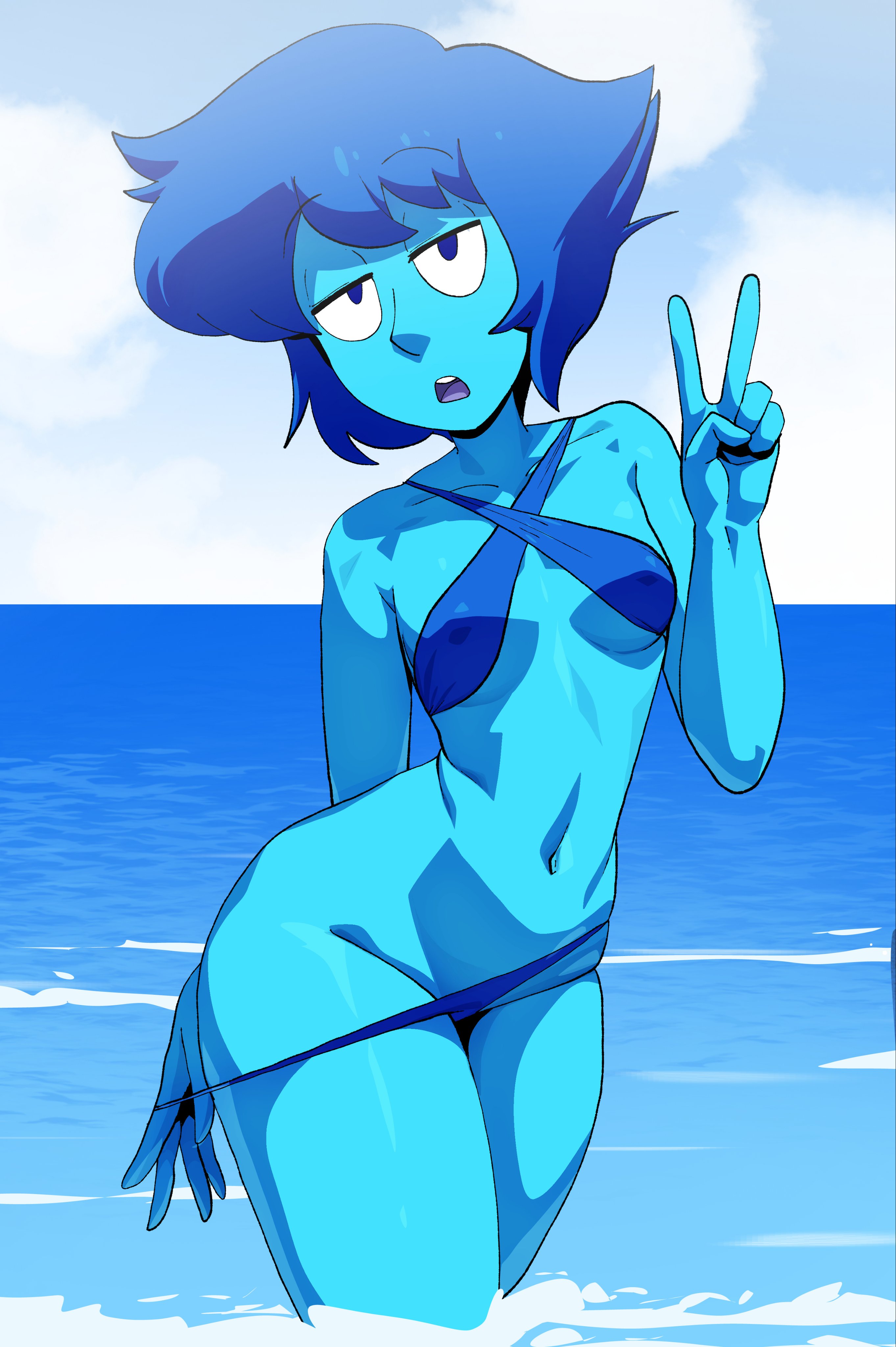 1girls, bikini, bikini pull, blue bikini, blue eyes, blue hair, blue skin, blue sky, blue theme, breasts, cartoon network, clothes pull, clothing, cloud, collarbone, colored skin, coolerinker, covered nipples, cowboy shot, criss-cross halter, day, female, groin, halterneck, inker comics, inkershike, jitome, lapis lazuli (steven universe), looking at viewer, navel, ocean, open mouth, outdoors, pulled by self, short hair, sky, small breasts, solo, standing, steven universe, swimsuit, teeth, thighs, v, wading, water