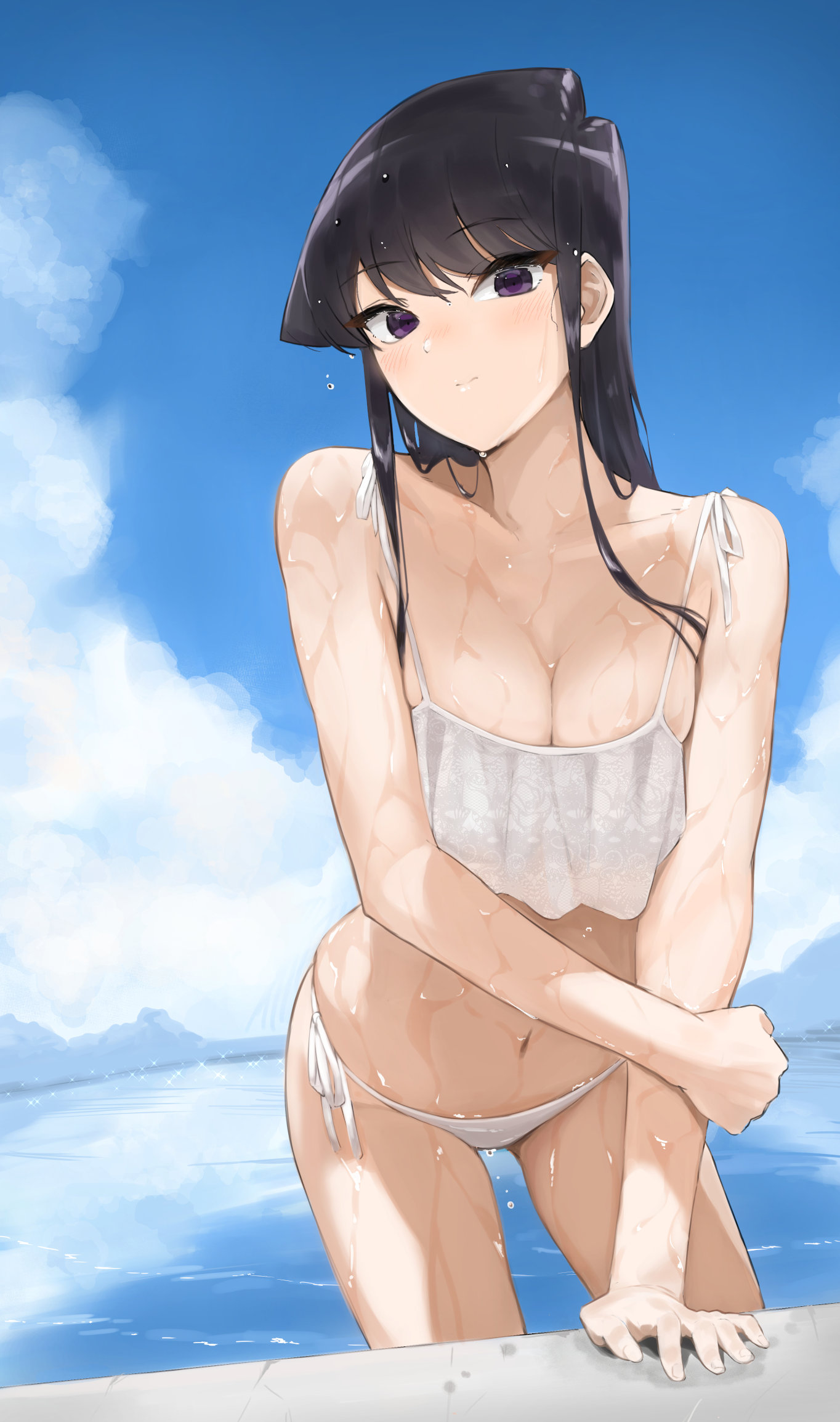 1girls, big breasts, blush, breasts, dark hair, embarrassed, female, female only, komi shouko, komi-san wa komyushou desu, light skin, light-skinned female, long hair, looking at viewer, navel, ocean, purple eyes, solo, solo female, swimsuit, takita, water drop, wet, wet skin, white bra, white panties, white swimsuit