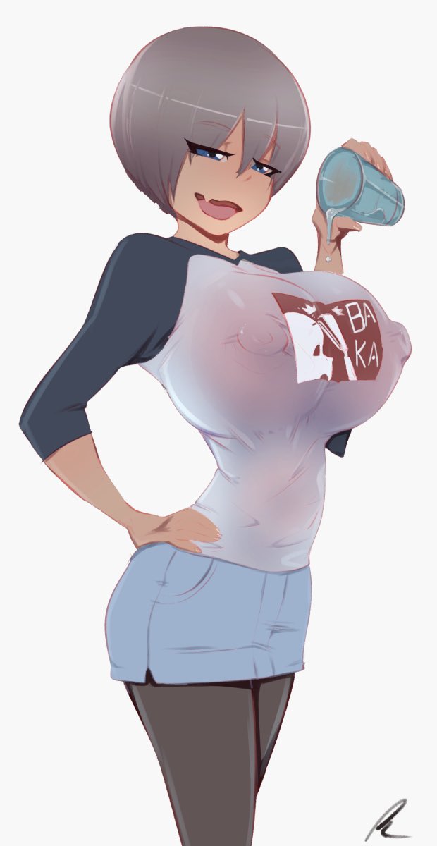 1girls, breasts, cute fang, female, huge breasts, nipples visible through clothing, pee-kay, short hair, smug, solo, uzaki hana, uzaki-chan wa asobitai!, wet clothes