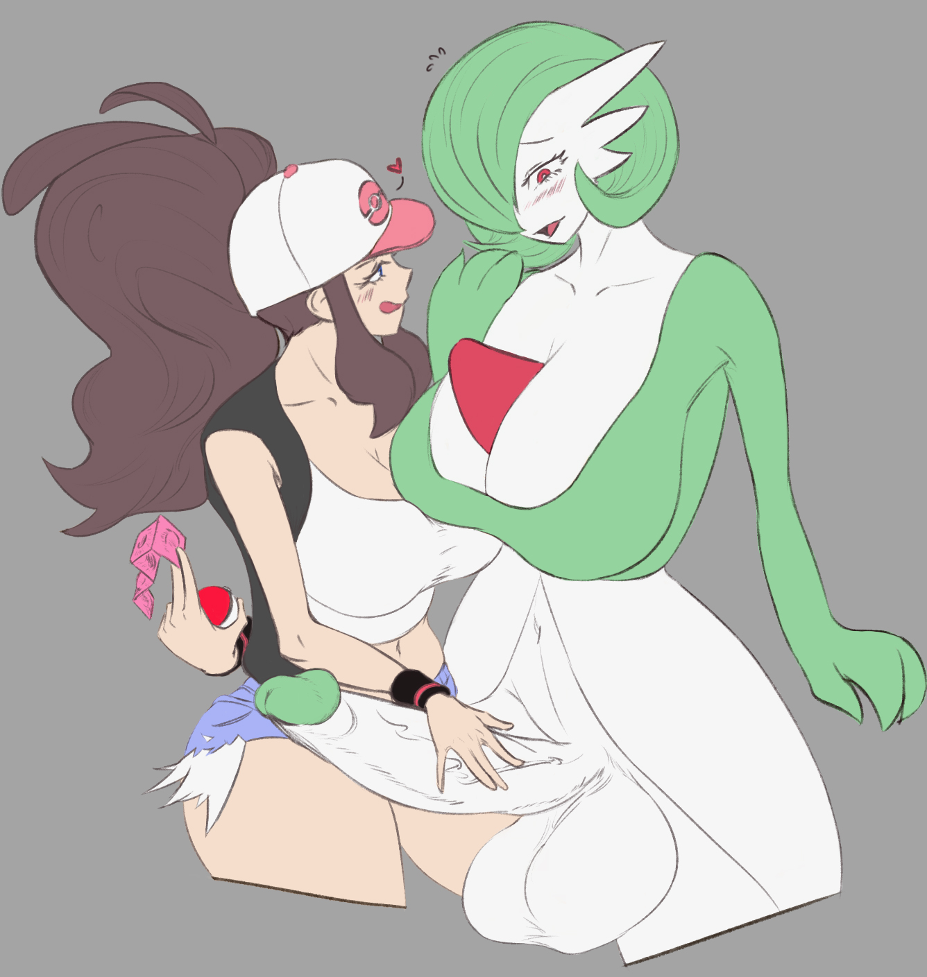 1futa, 1girls, anthro, anthrofied, balls, big balls, big breasts, big penis, blue eyes, breasts, brown hair, condom, erection, female, flat colors, futa pokemon/female human, futanari, gardevoir, green skin, hat, hilda (pokemon), holding condom, holding poke ball, huge balls, huge breasts, huge cock, human, intersex, interspecies, large balls, large breasts, large penis, large testicles, light skin, light-skinned female, nintendo, pale skin, pale-skinned female, penis, pokeball, pokemon, pokemon (species), pokemon bw, pokemon rse, pokephilia, ponytail, sketch, taiga7, testicles, white skin